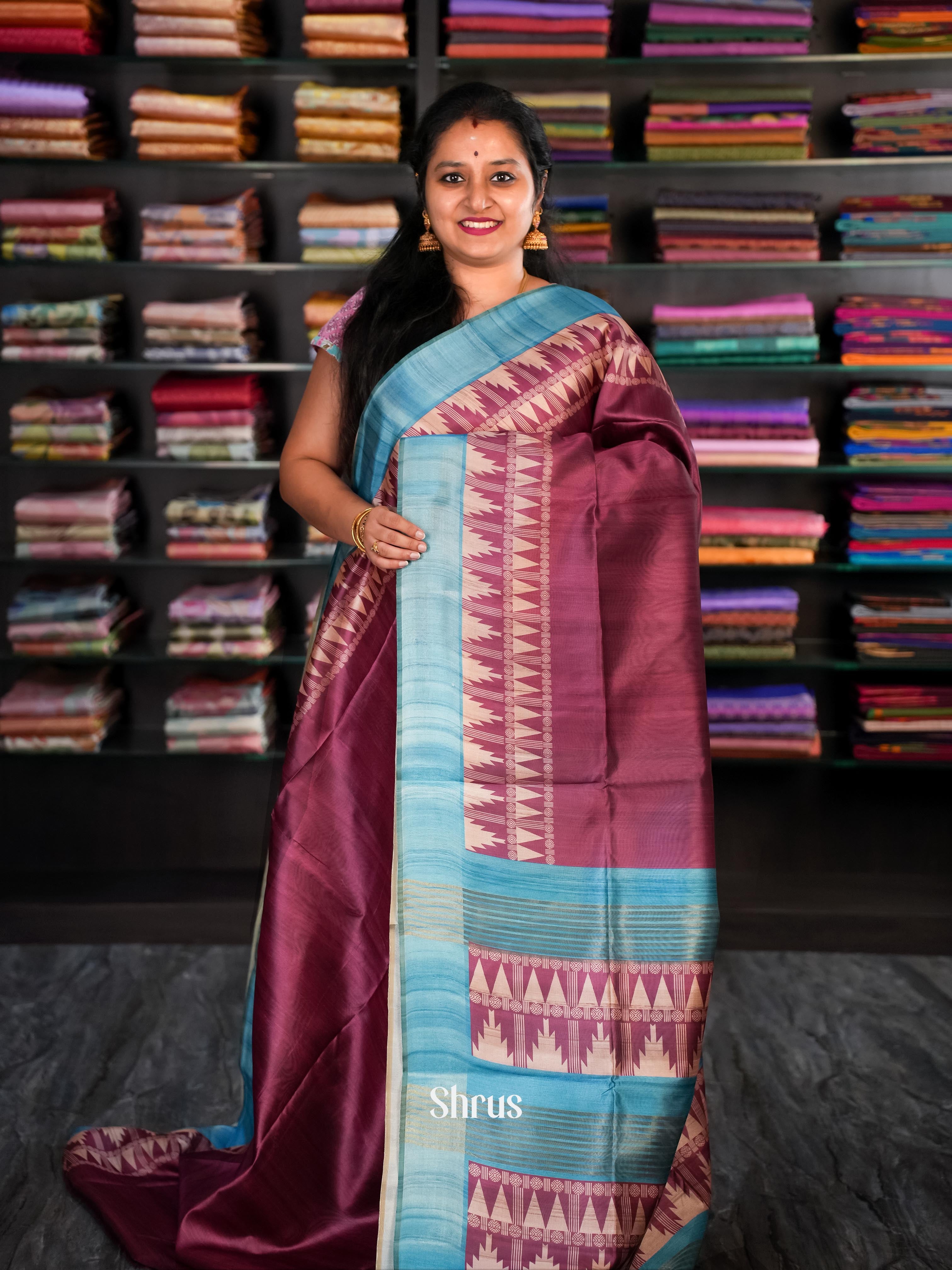 Maroon & Blue - Champa Semi tussar Saree - Shop on Shrus.com