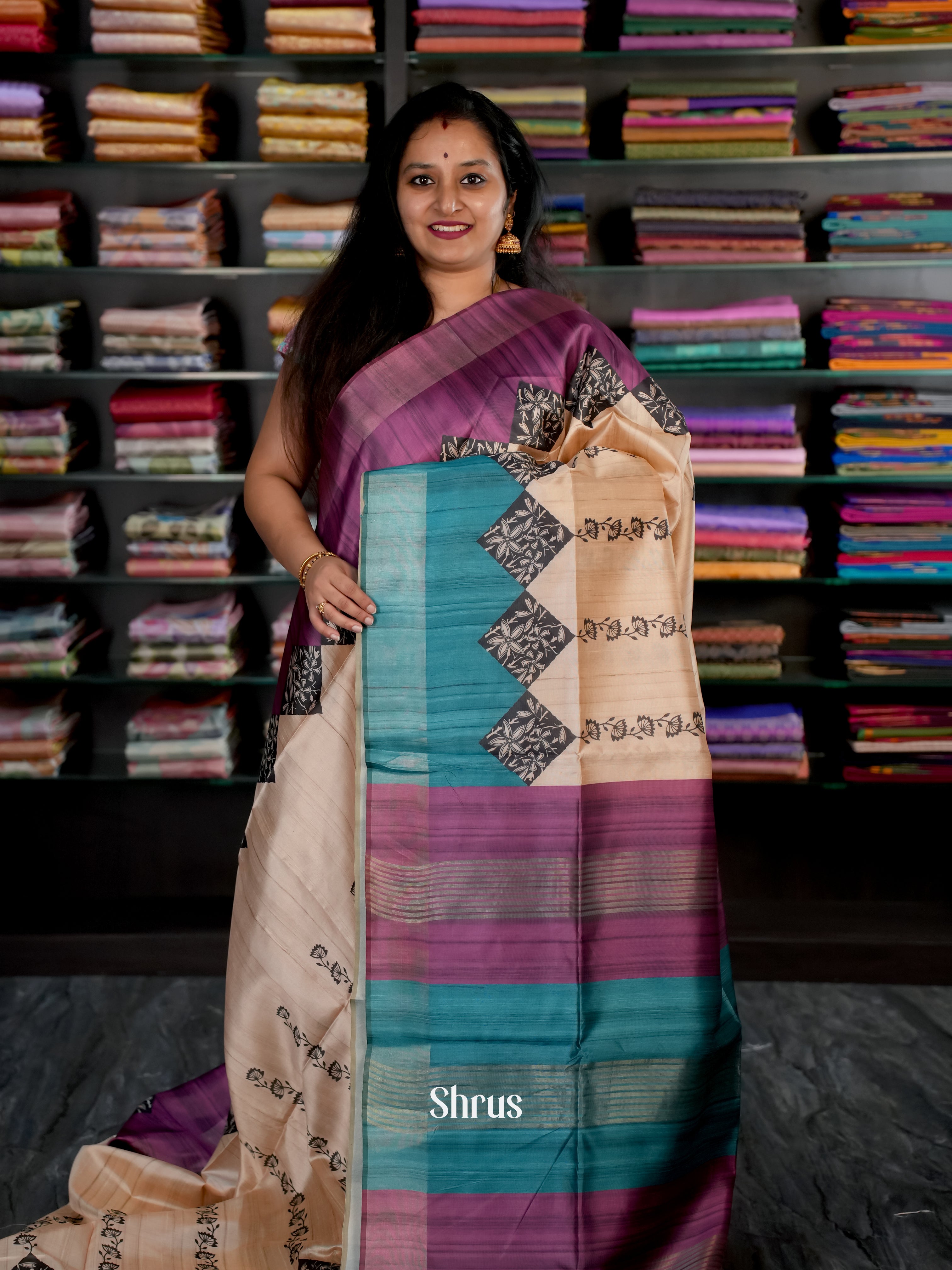 Cream & Teal - Champa semi tussar - Shop on Shrus.com