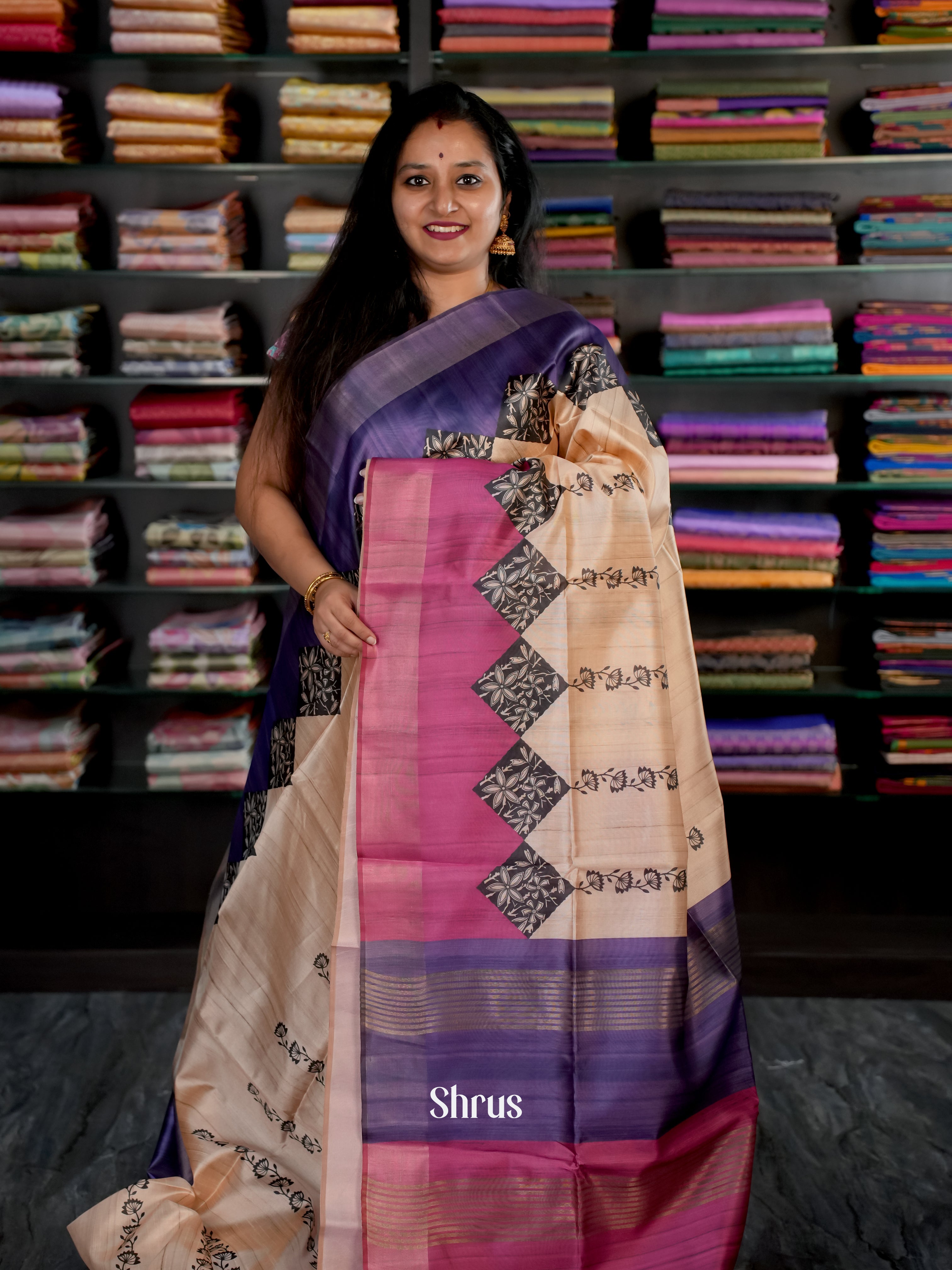 Beige & Purple - Champa semi tussar - Shop on Shrus.com