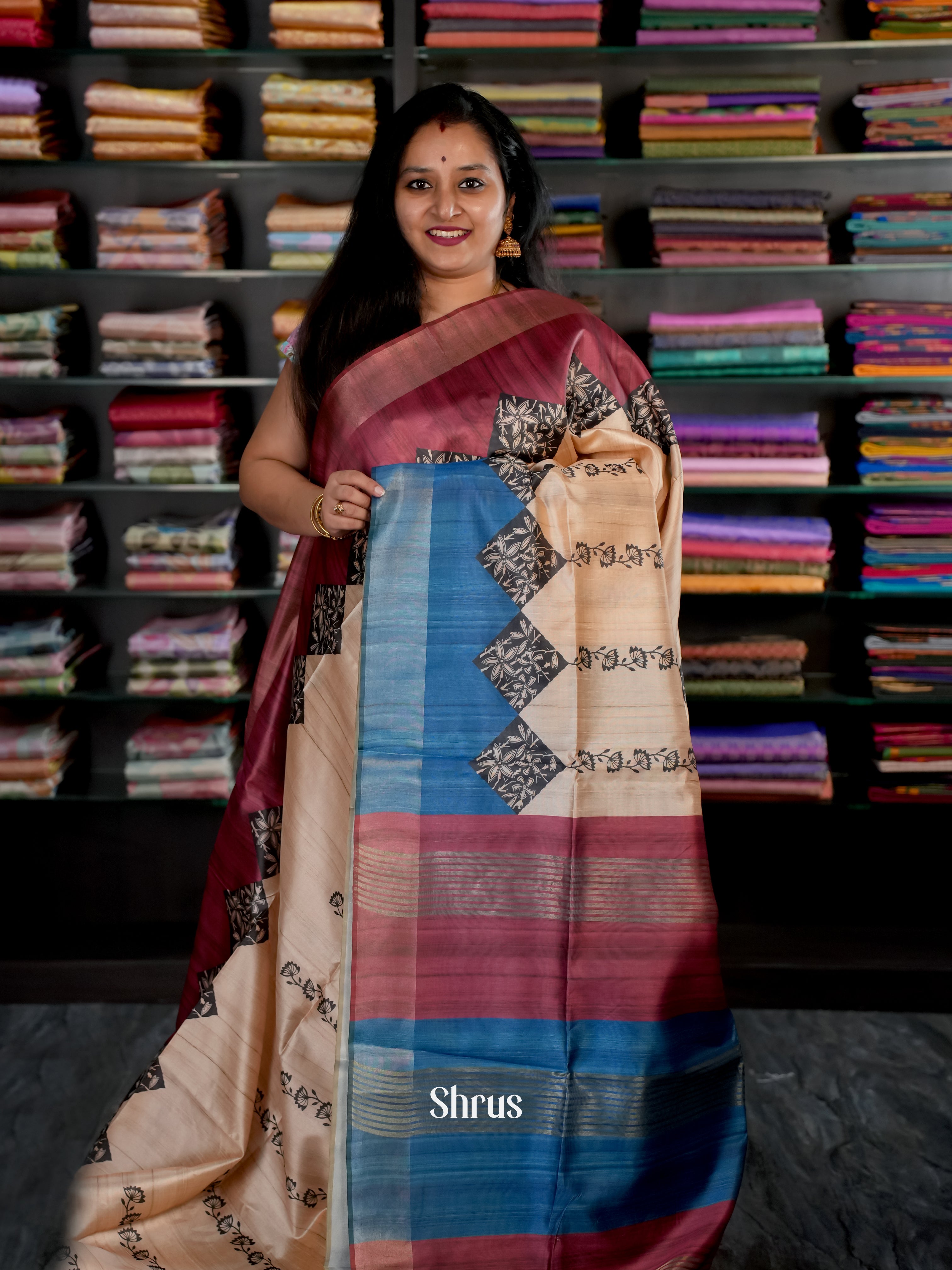 Beige & Blue - Champa semi tussar - Shop on Shrus.com