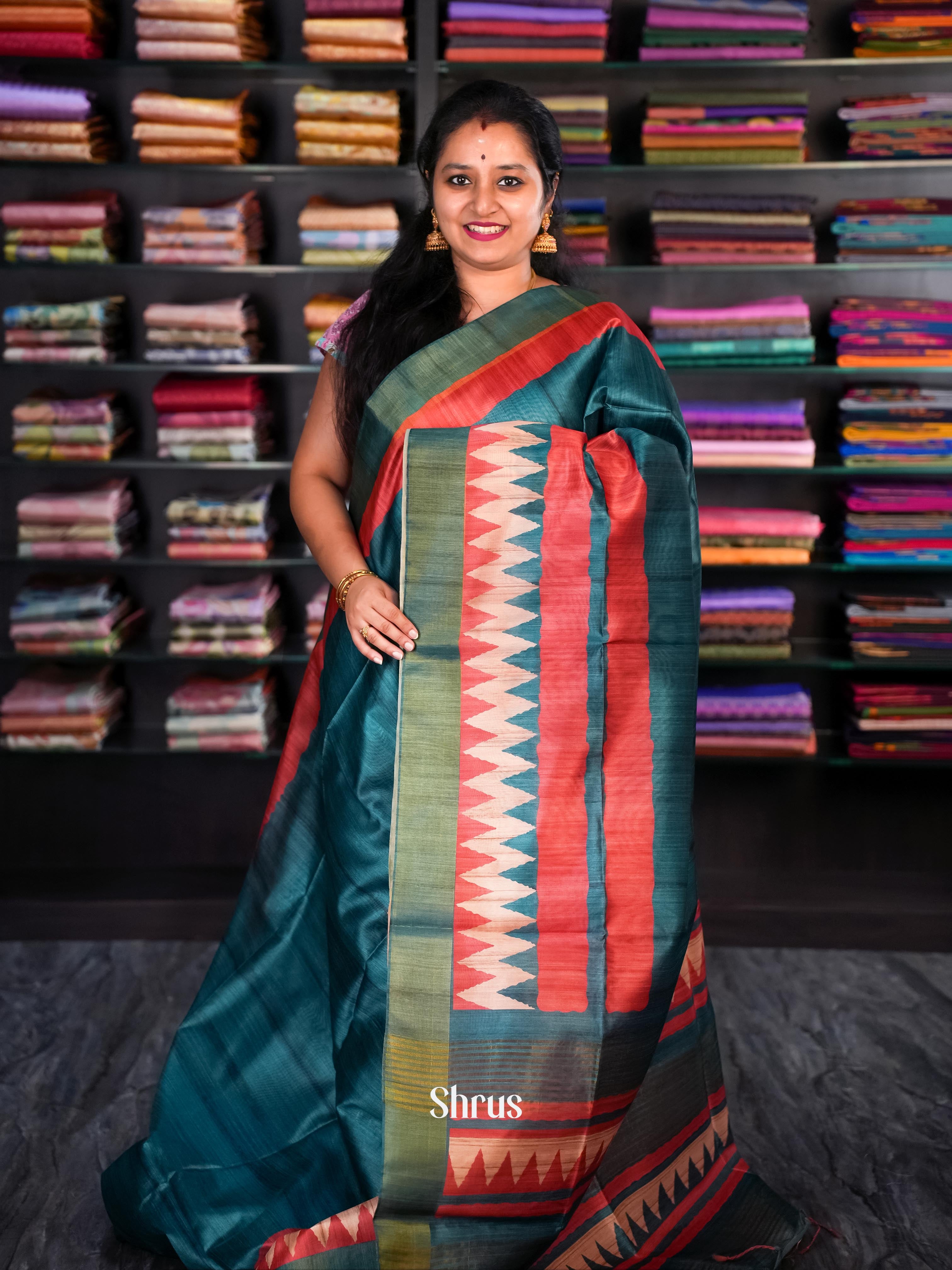 Peacock Green & Red - Champa semi tussar - Shop on Shrus.com