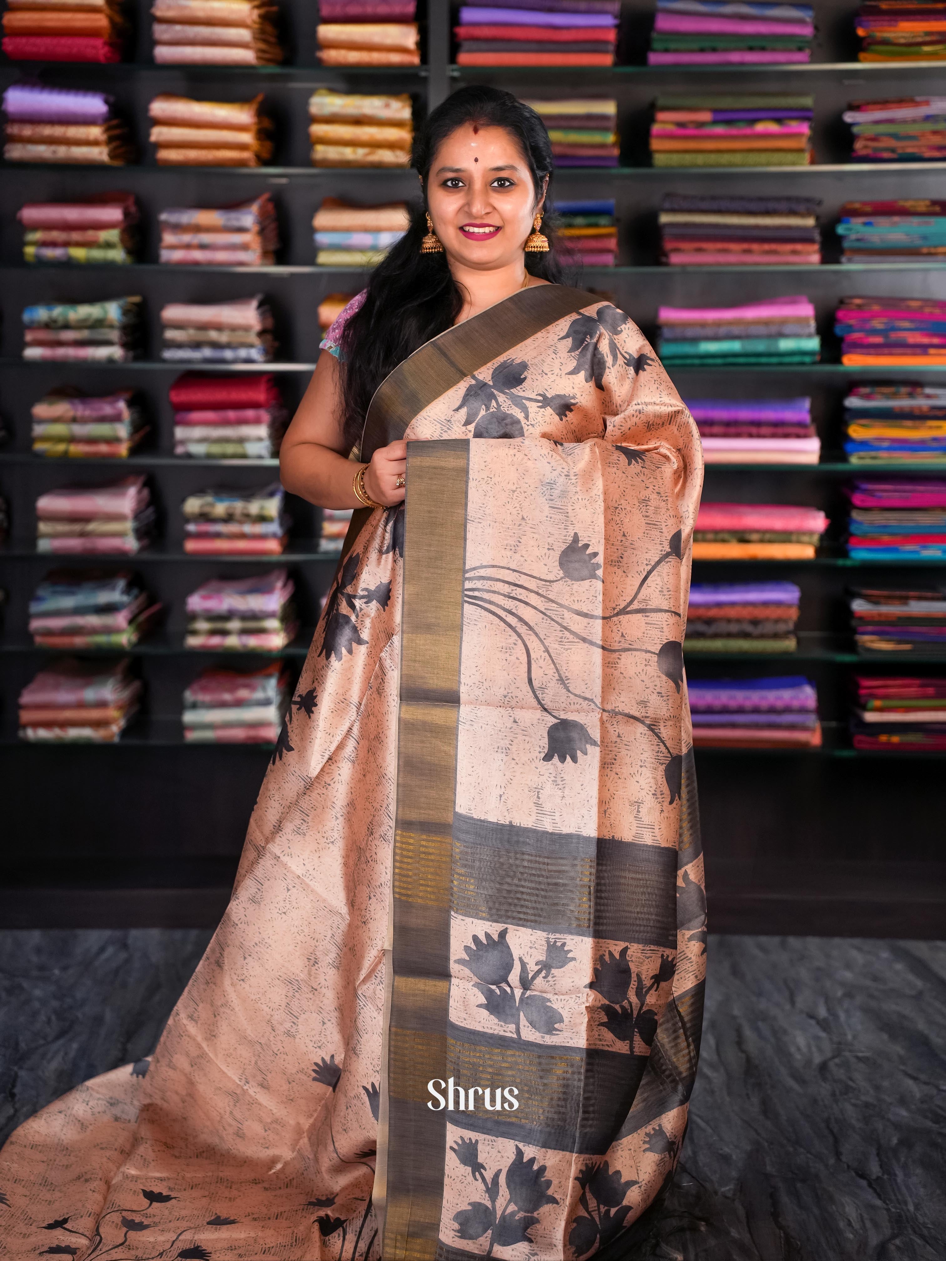 Peach & Black - Champa semi tussar - Shop on Shrus.com