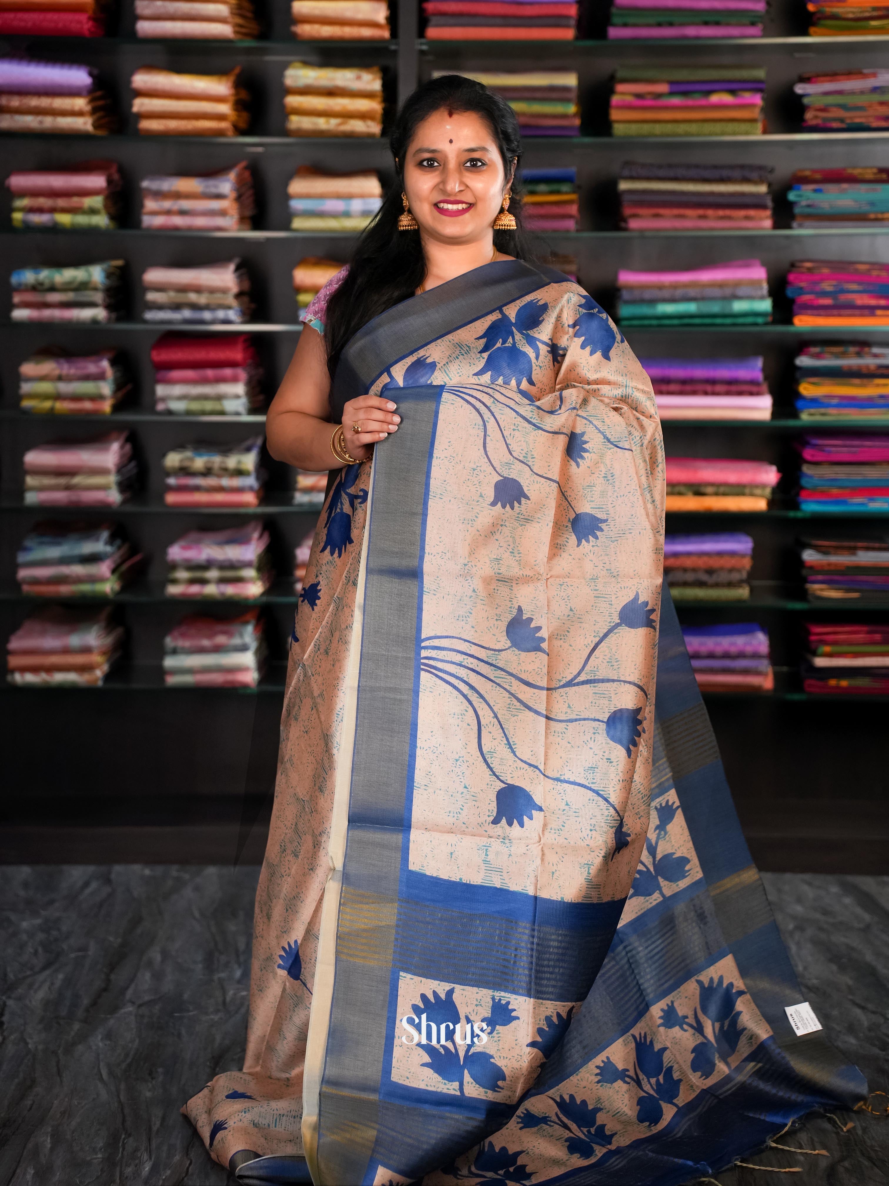 Peach & Blue - Champa Semi tussar Saree - Shop on Shrus.com