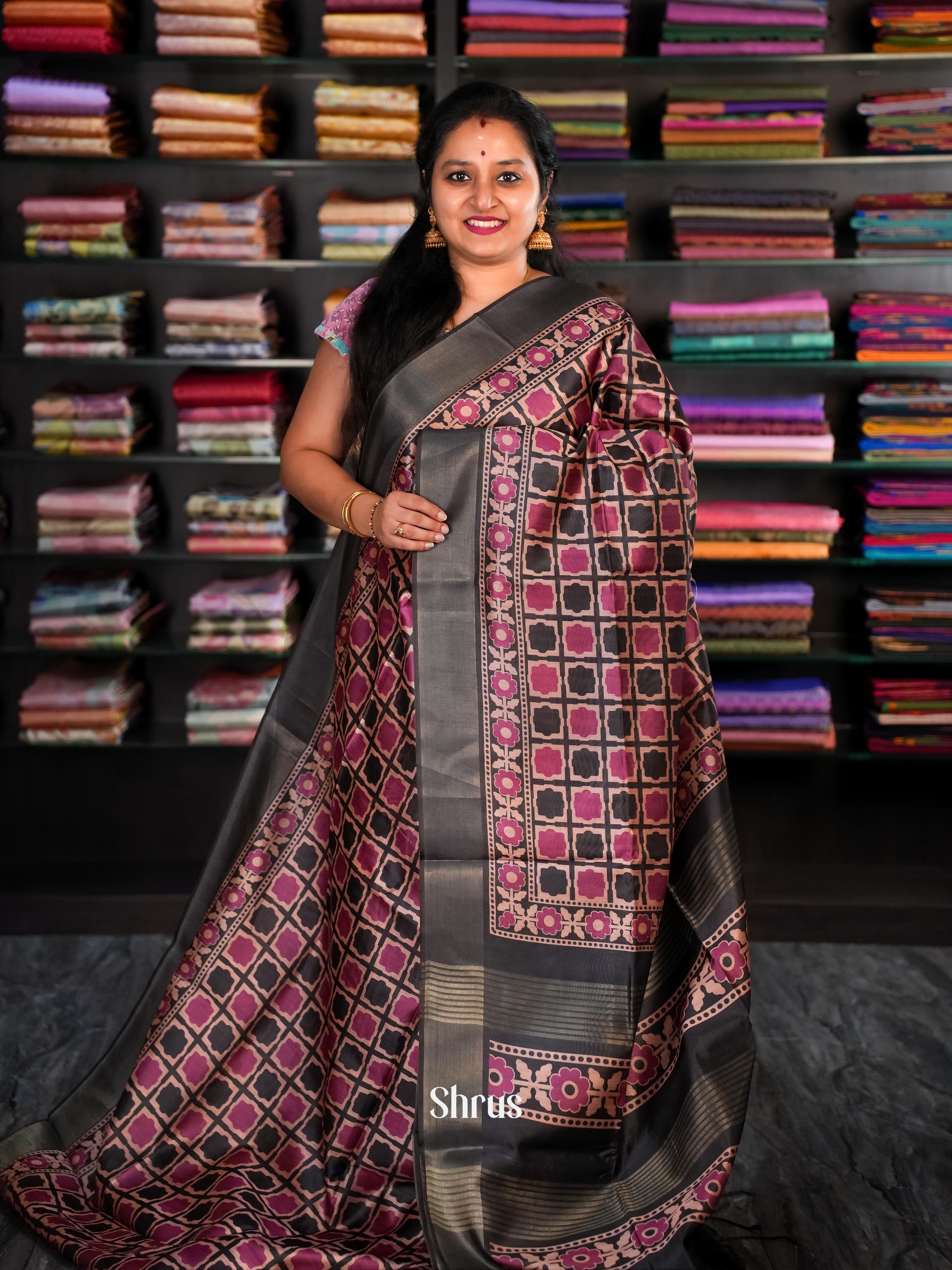 Peach & Black - Champa Semi tussar Saree - Shop on Shrus.com
