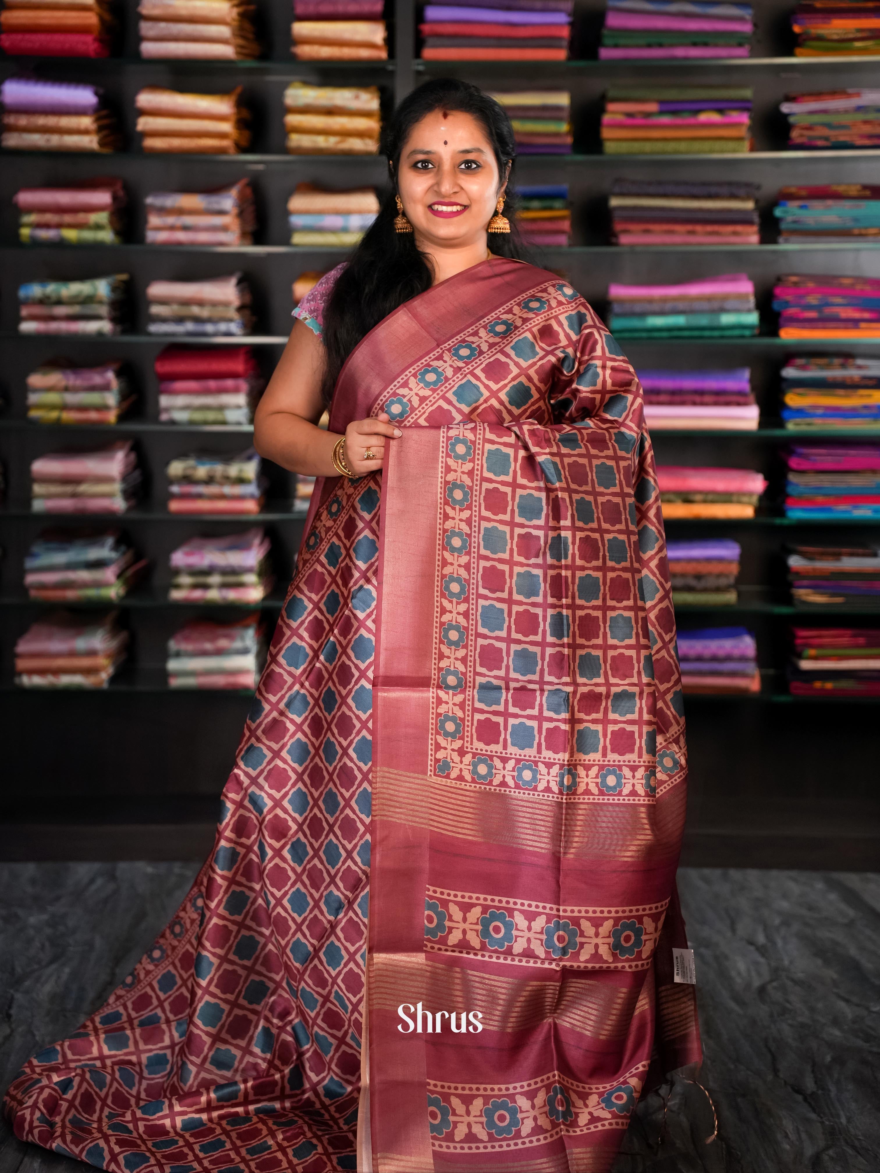 Maroon - Champa Semi tussar Saree - Shop on Shrus.com