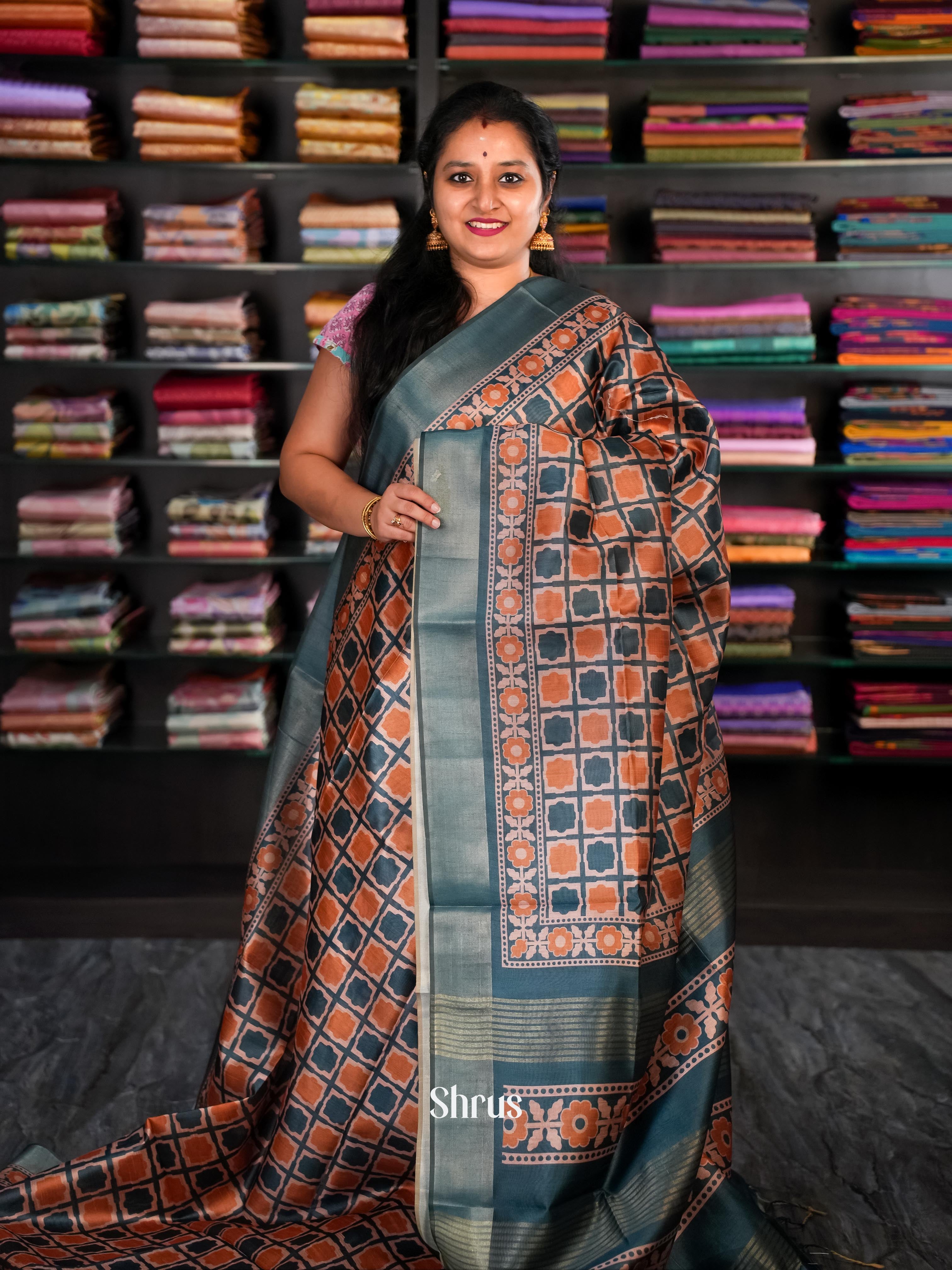 Brick & Green - Champa Semi tussar Saree - Shop on Shrus.com