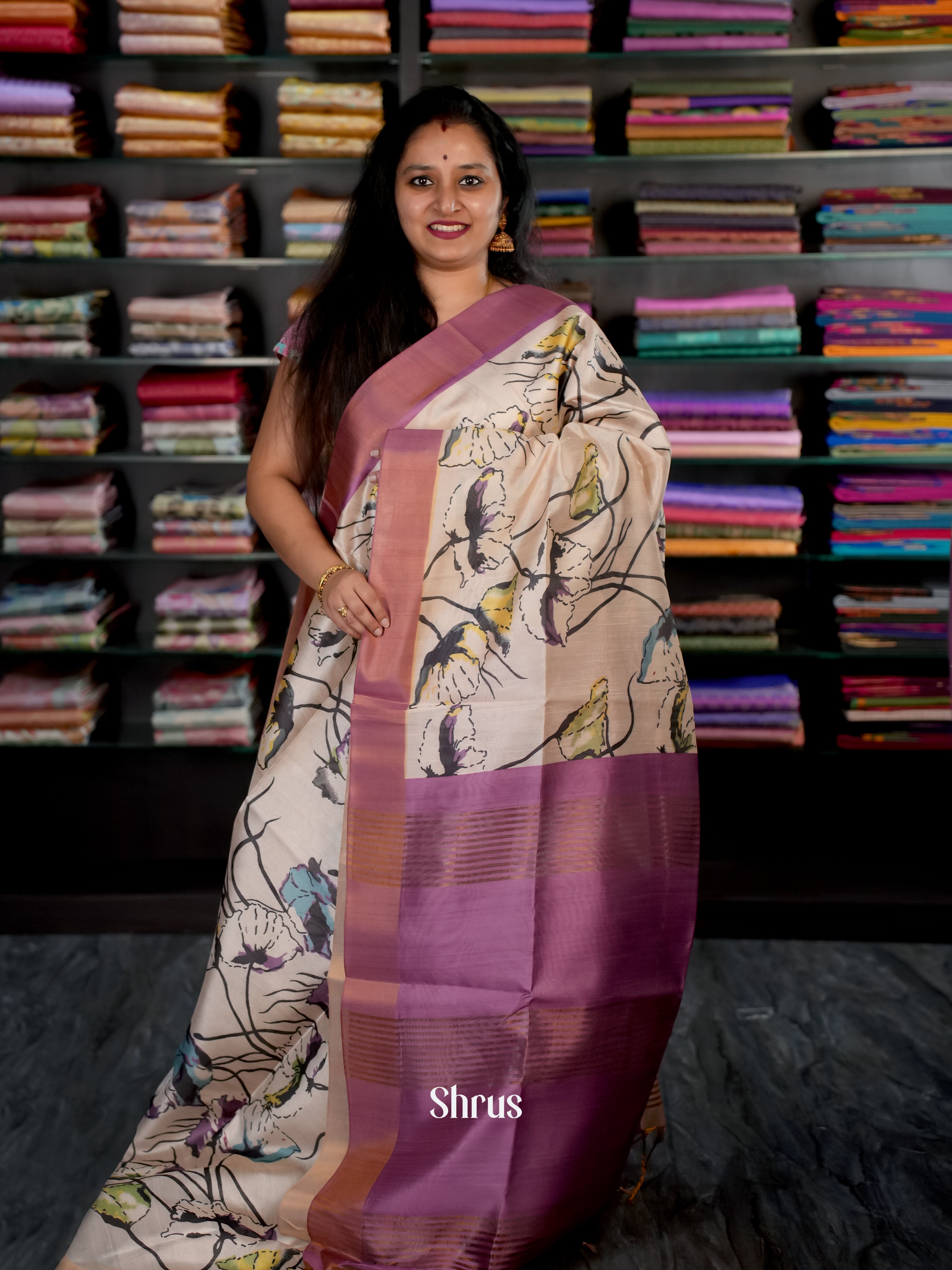 Cream & Majenta Pink- Champa semi tussar - Shop on Shrus.com