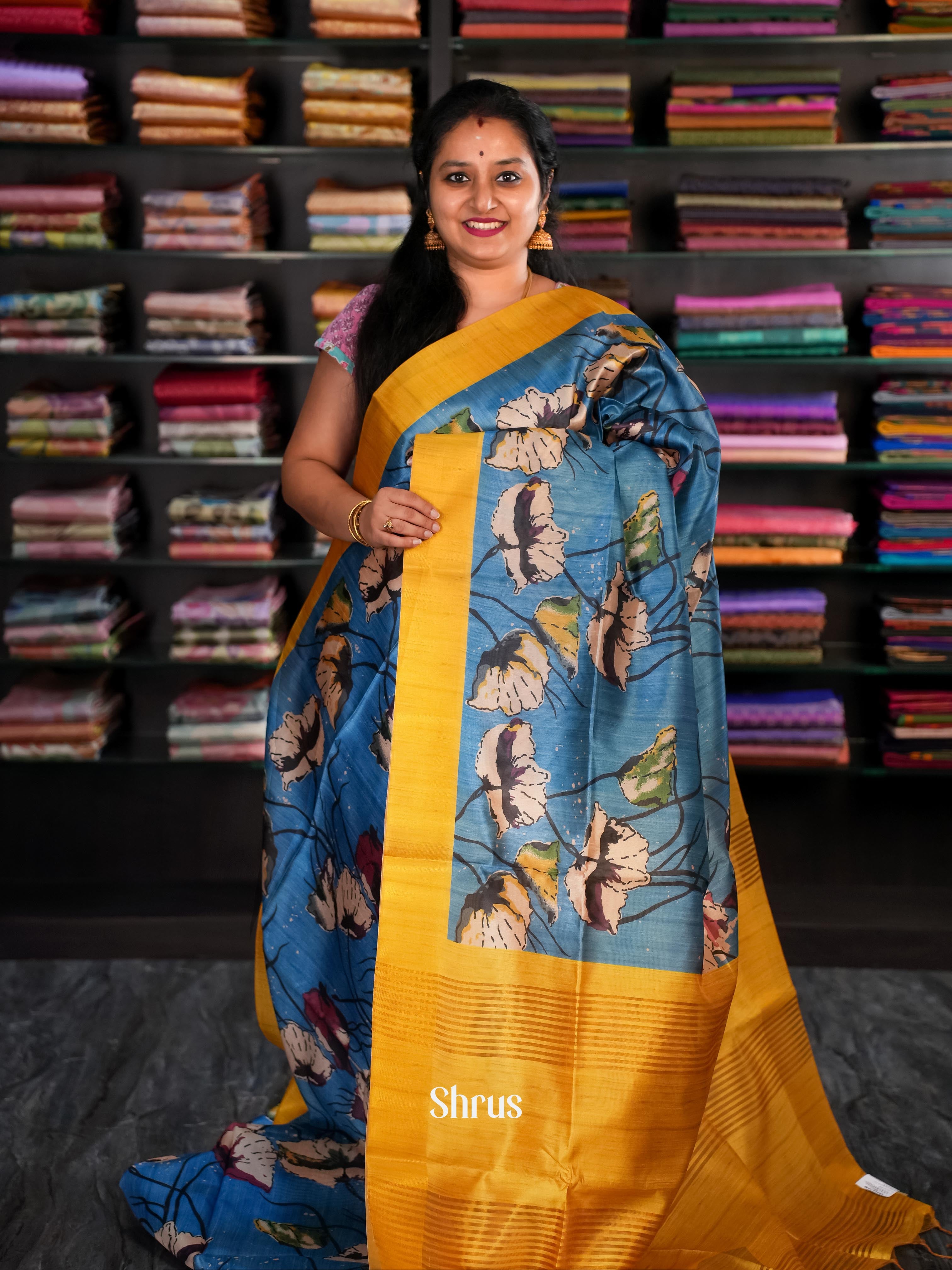 Blue & Mustard - Champa Semi tussar Saree - Shop on Shrus.com