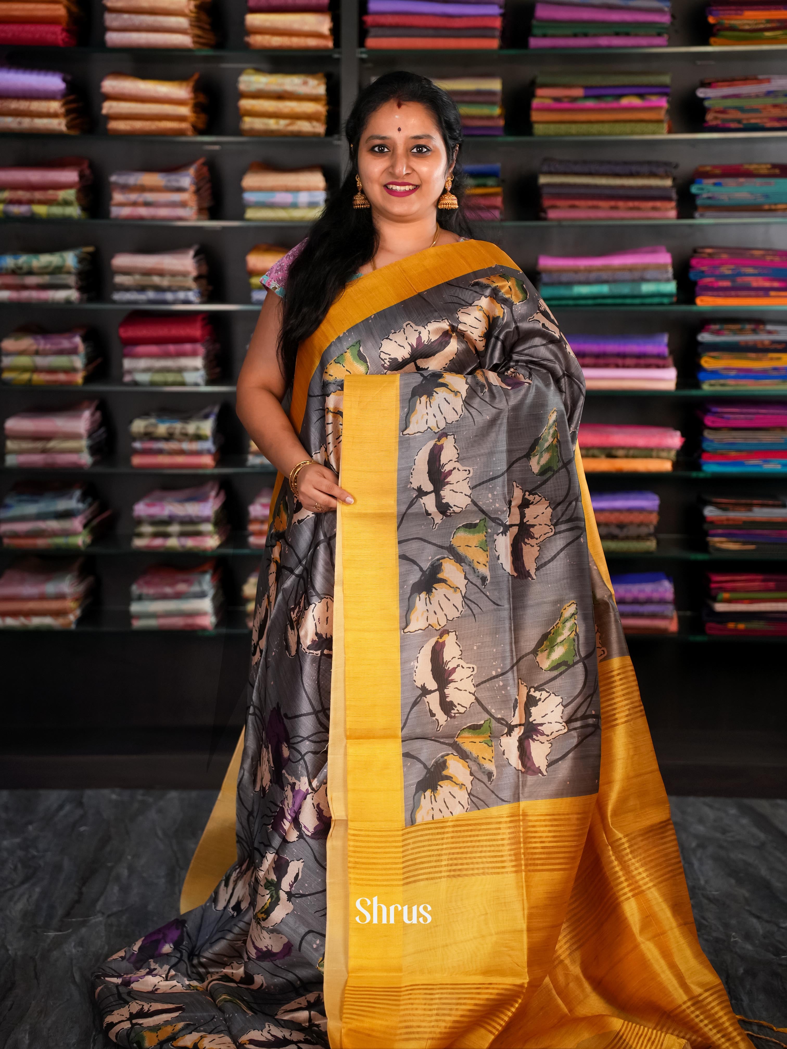 Grey & Mustard- Champa Semi tussar Saree - Shop on Shrus.com