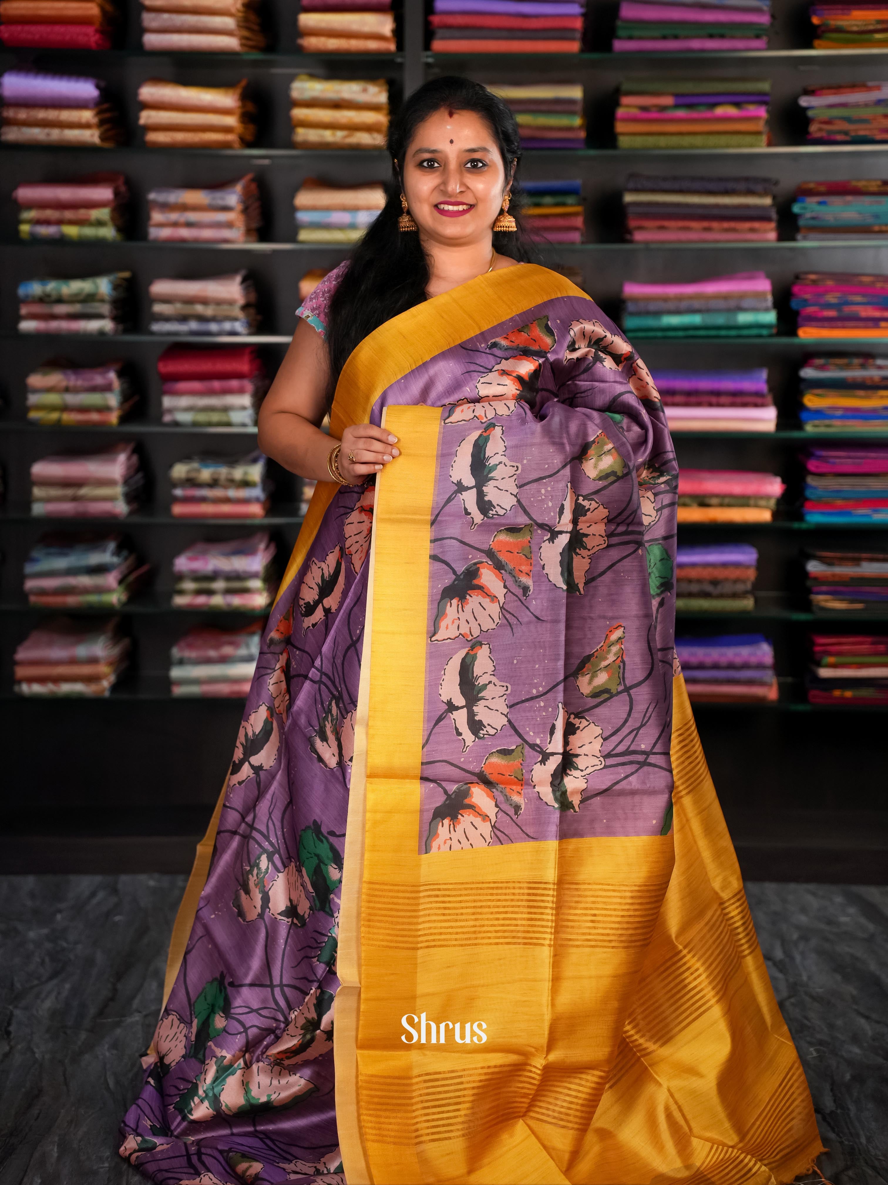 Purple & Mustard - Champa Semi tussar Saree - Shop on Shrus.com