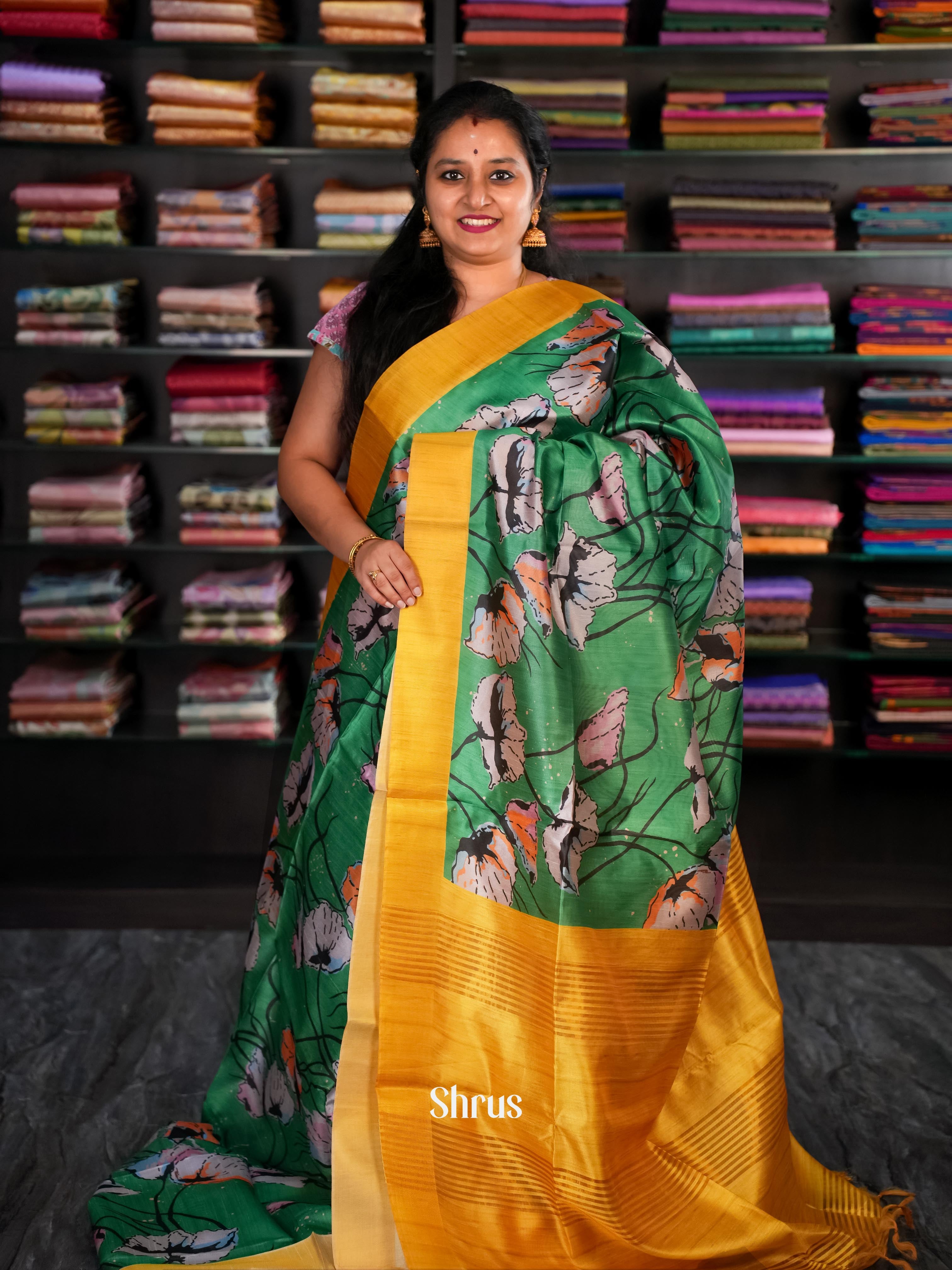 Green & Mustard - Champa Semi tussar Saree - Shop on Shrus.com
