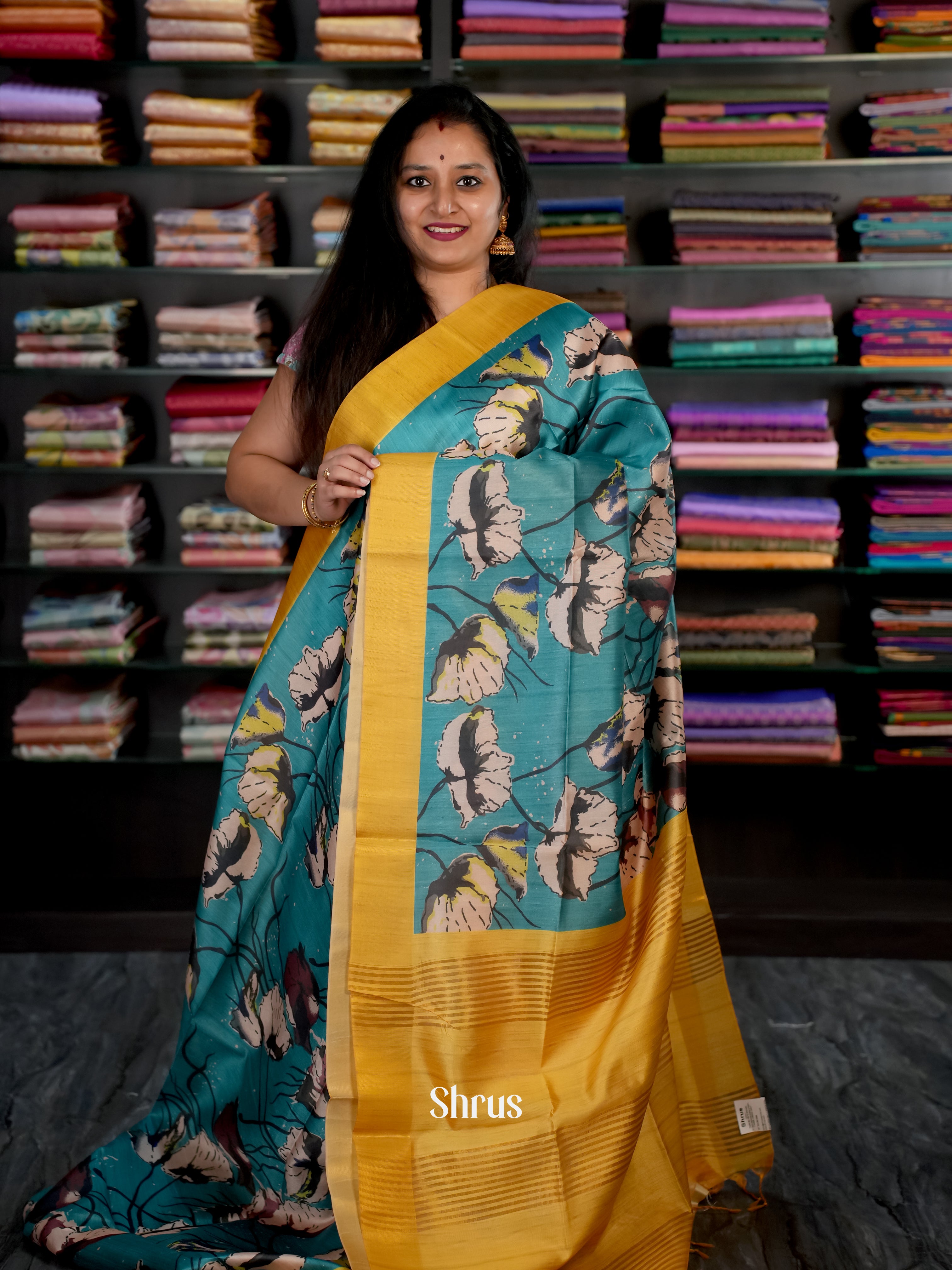Teal & Yellow - Champa semi tussar - Shop on Shrus.com