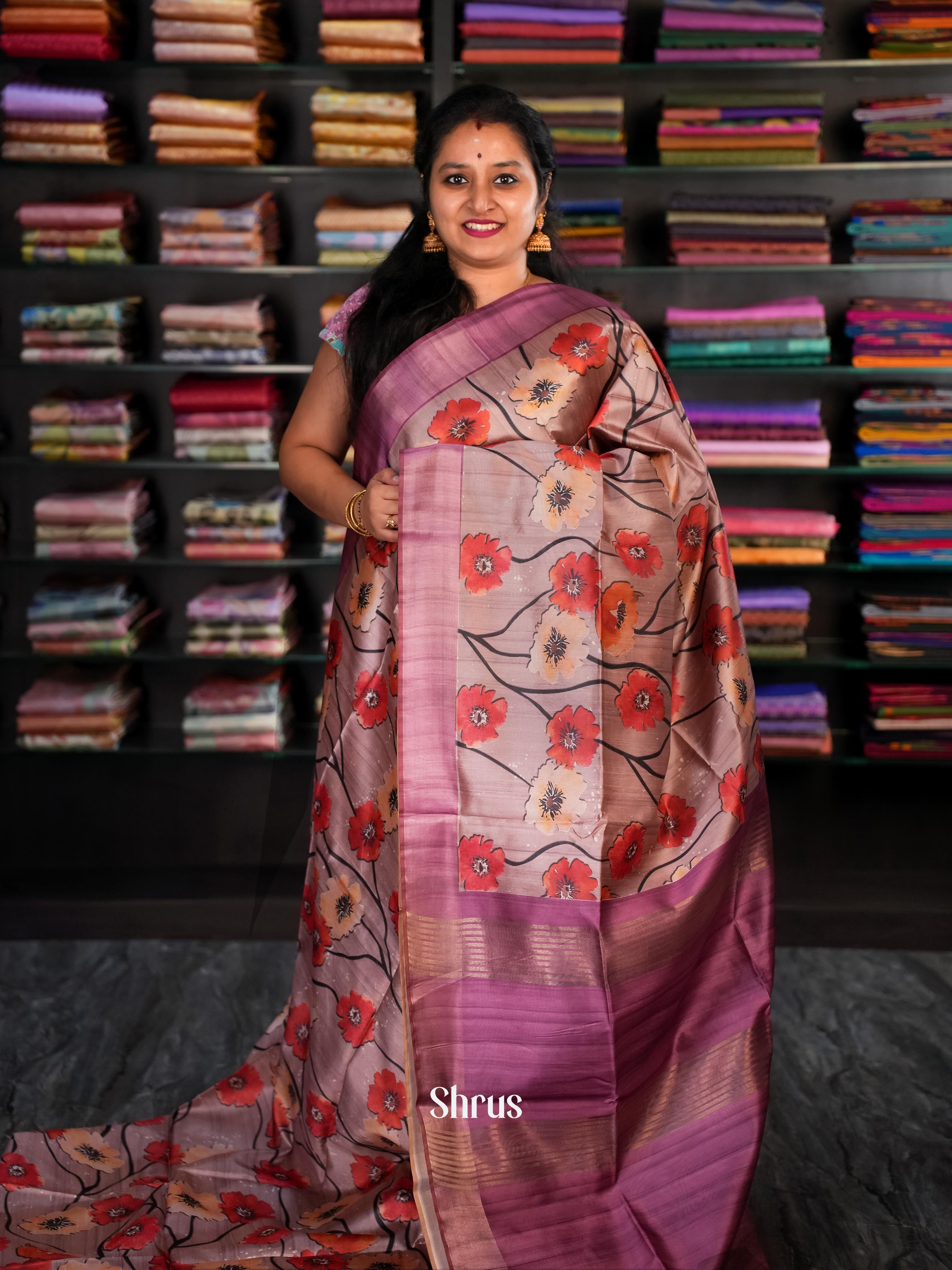 Grey & Purple- Champa Semi tussar Saree - Shop on Shrus.com