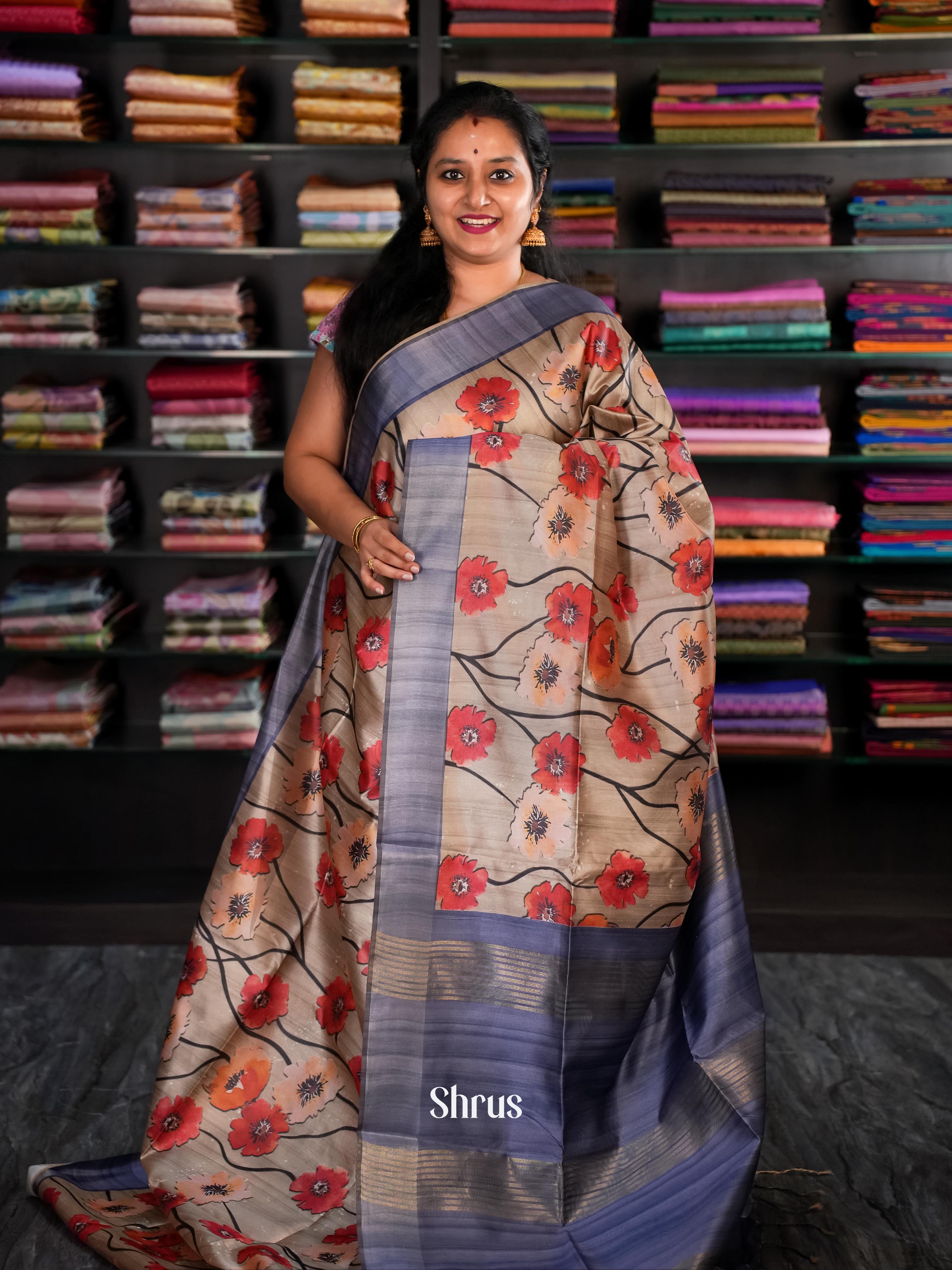 Grey & Blue- Champa Semi tussar Saree - Shop on Shrus.com