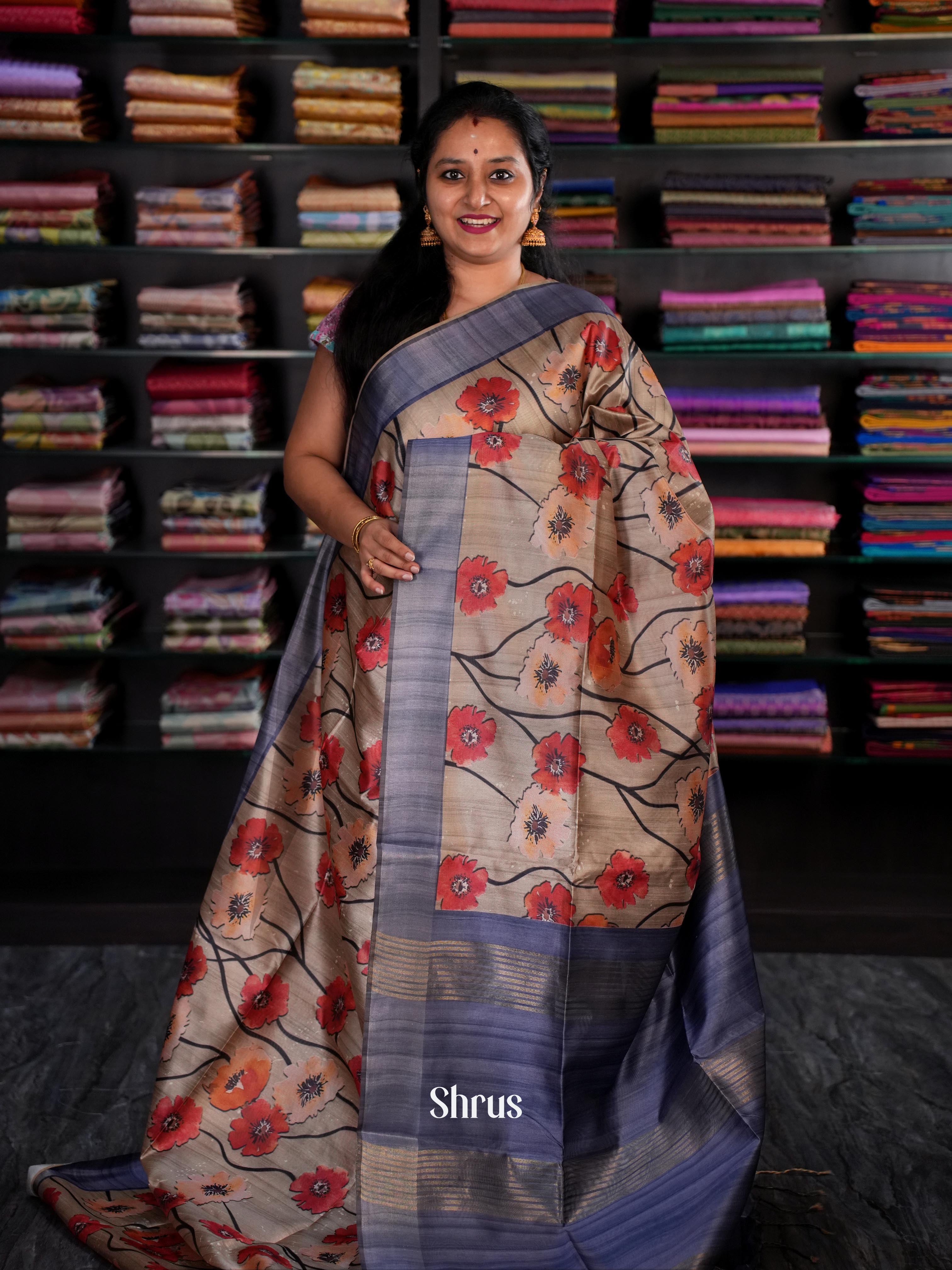 Grey & Blue- Champa Semi tussar Saree - Shop on Shrus.com