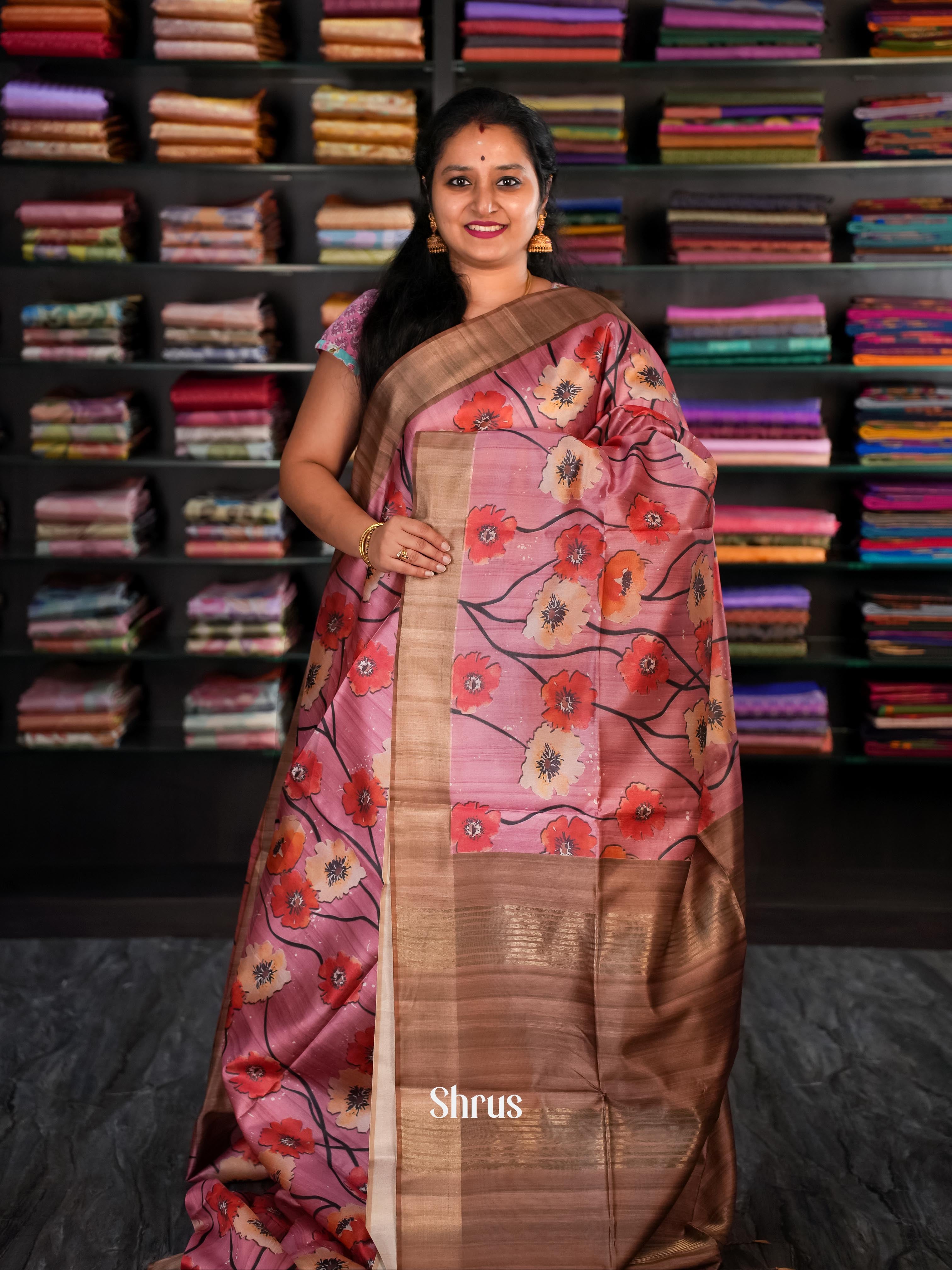 Pink & Brown - Champa Semi tussar Saree - Shop on Shrus.com