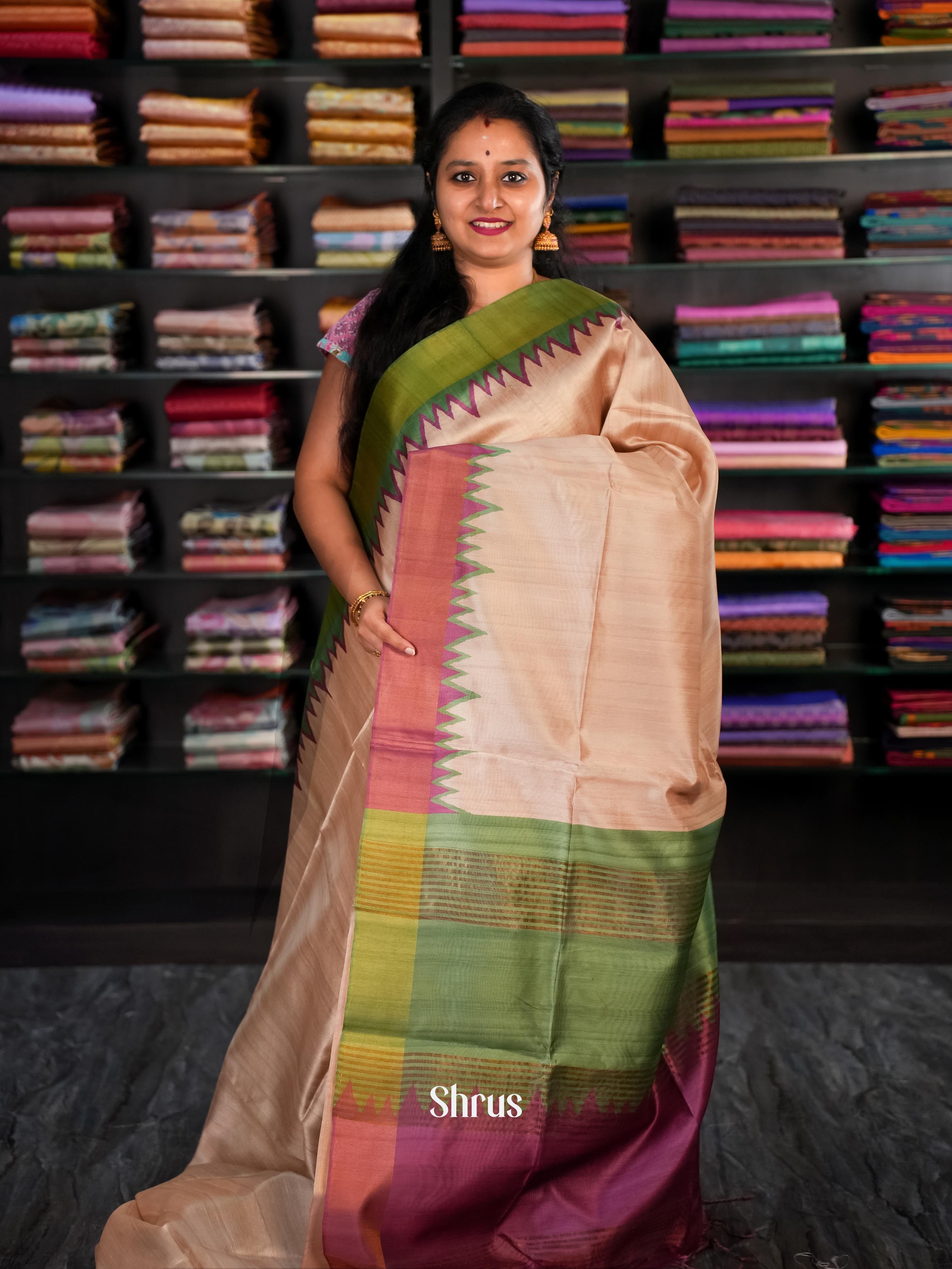 Beige & Green - Champa Semi tussar Saree - Shop on Shrus.com