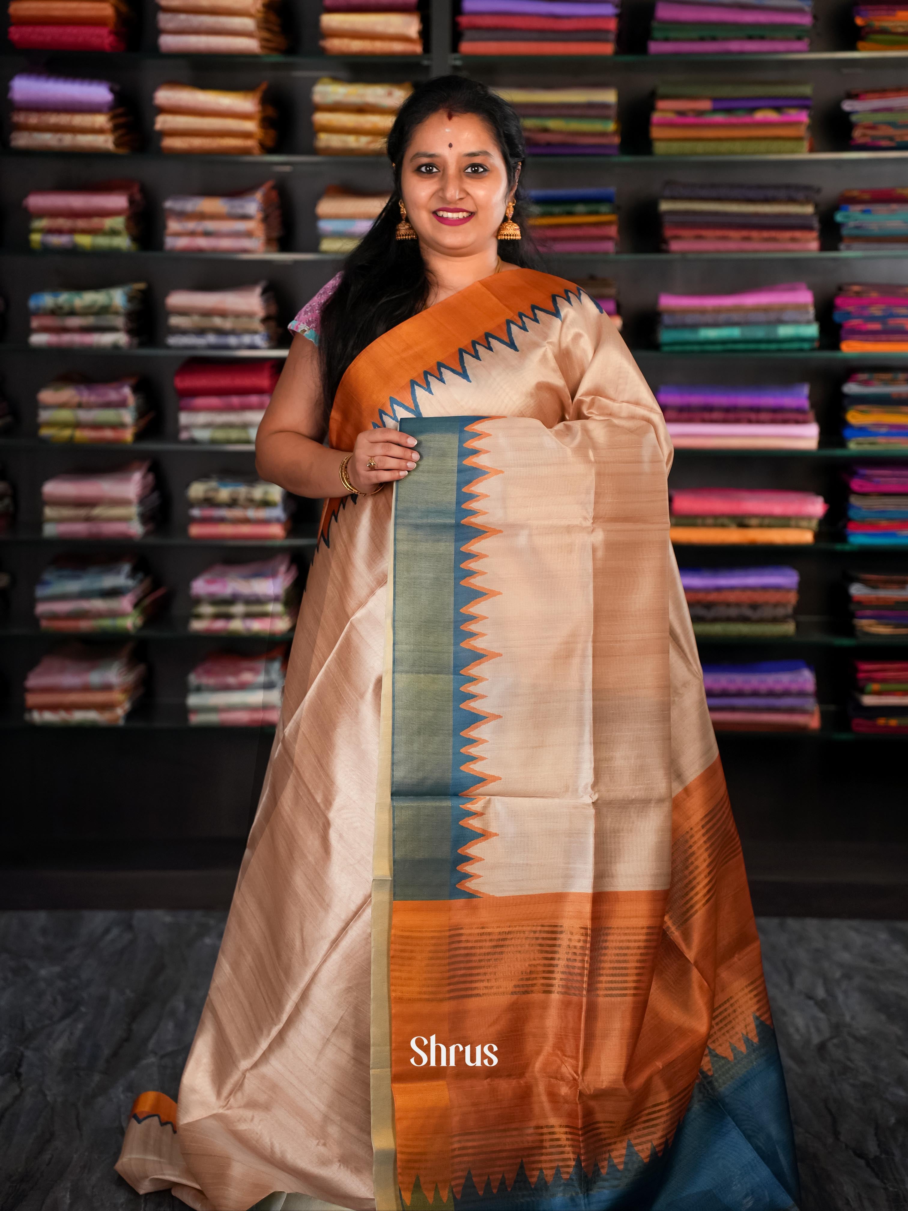 Beige & Blue - Champa Semi tussar Saree - Shop on Shrus.com