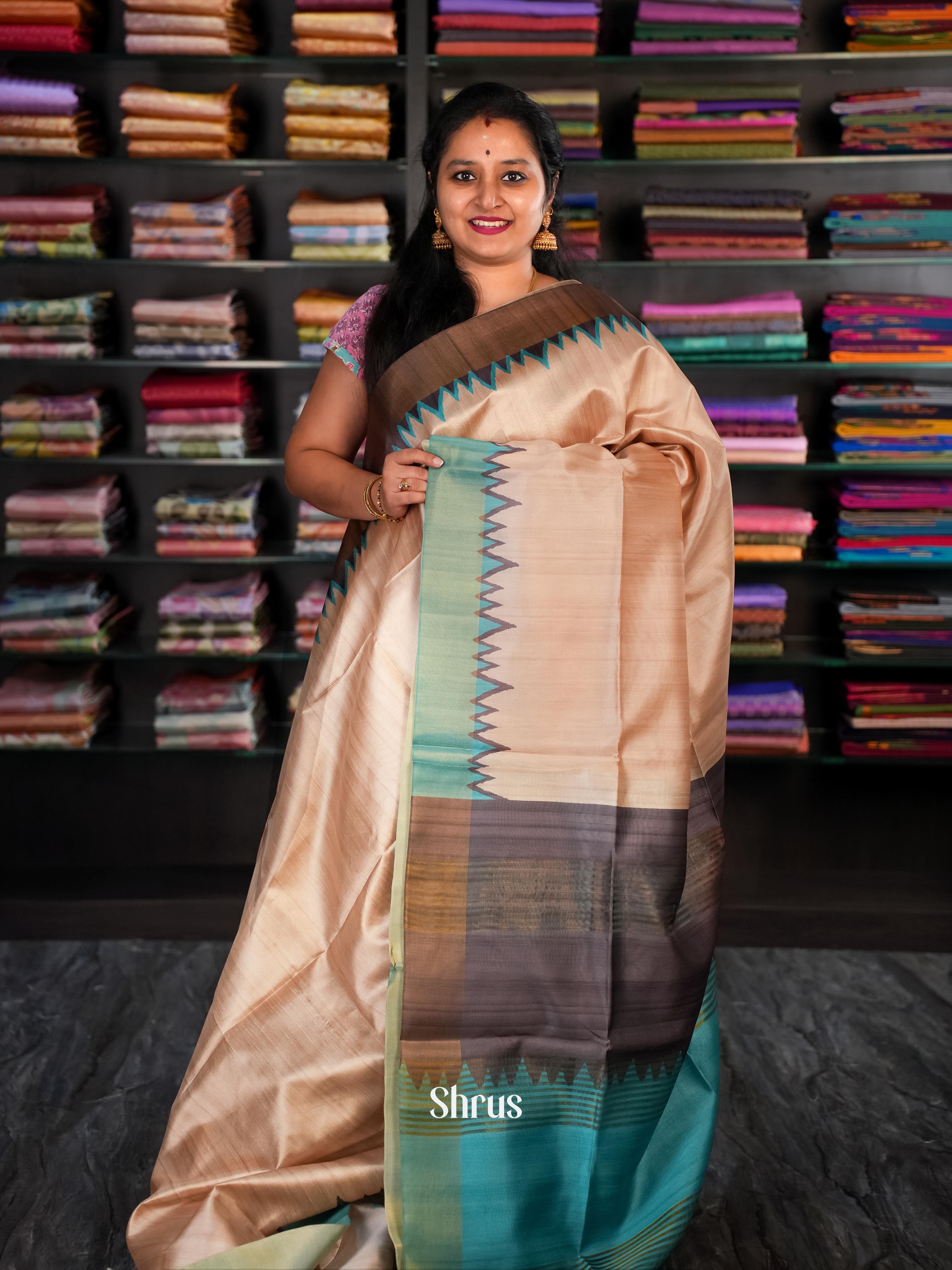 Beige & Teal- Champa Semi tussar Saree - Shop on Shrus.com