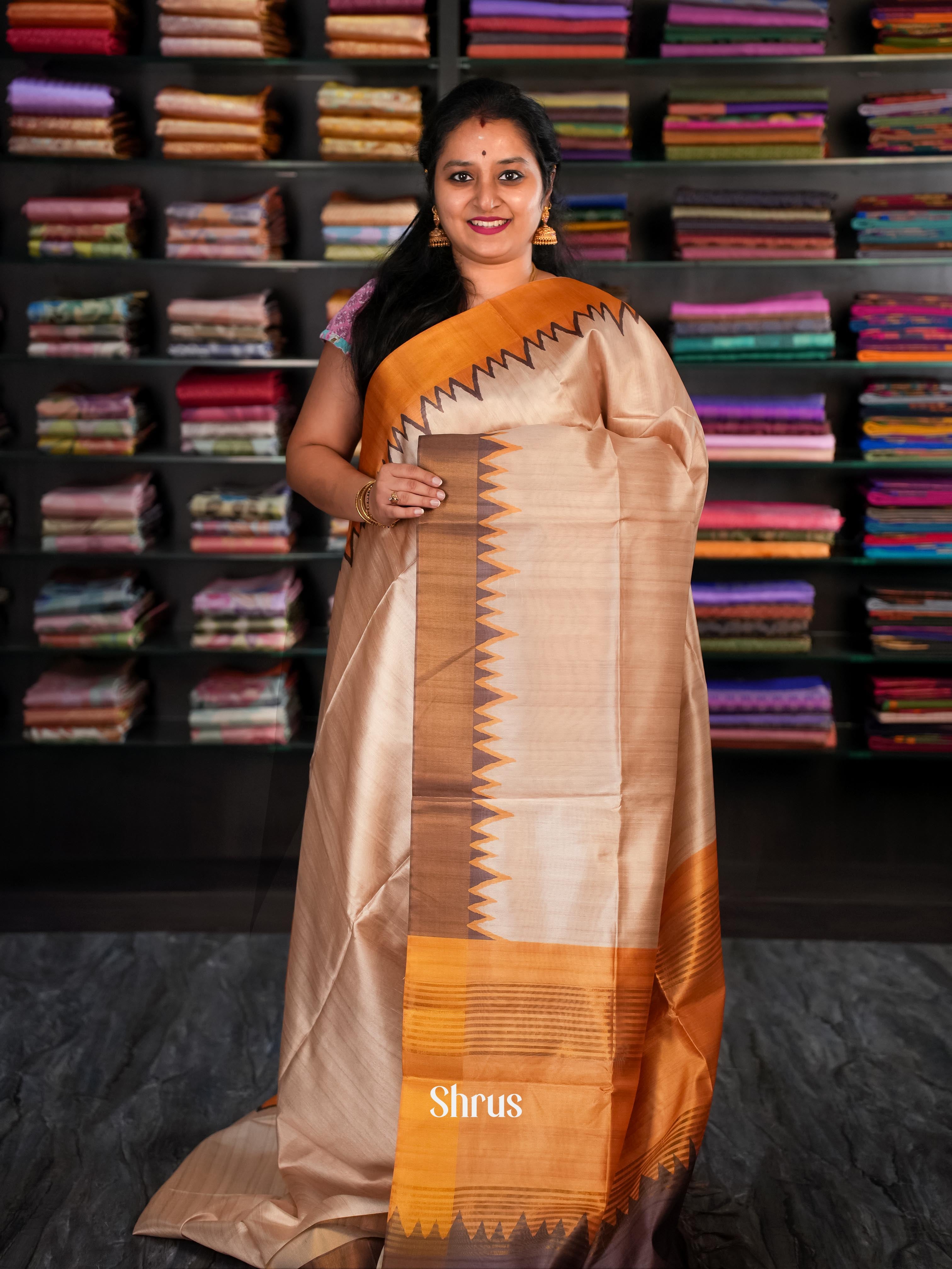 Beige & Brown - Champa Semi tussar Saree - Shop on Shrus.com