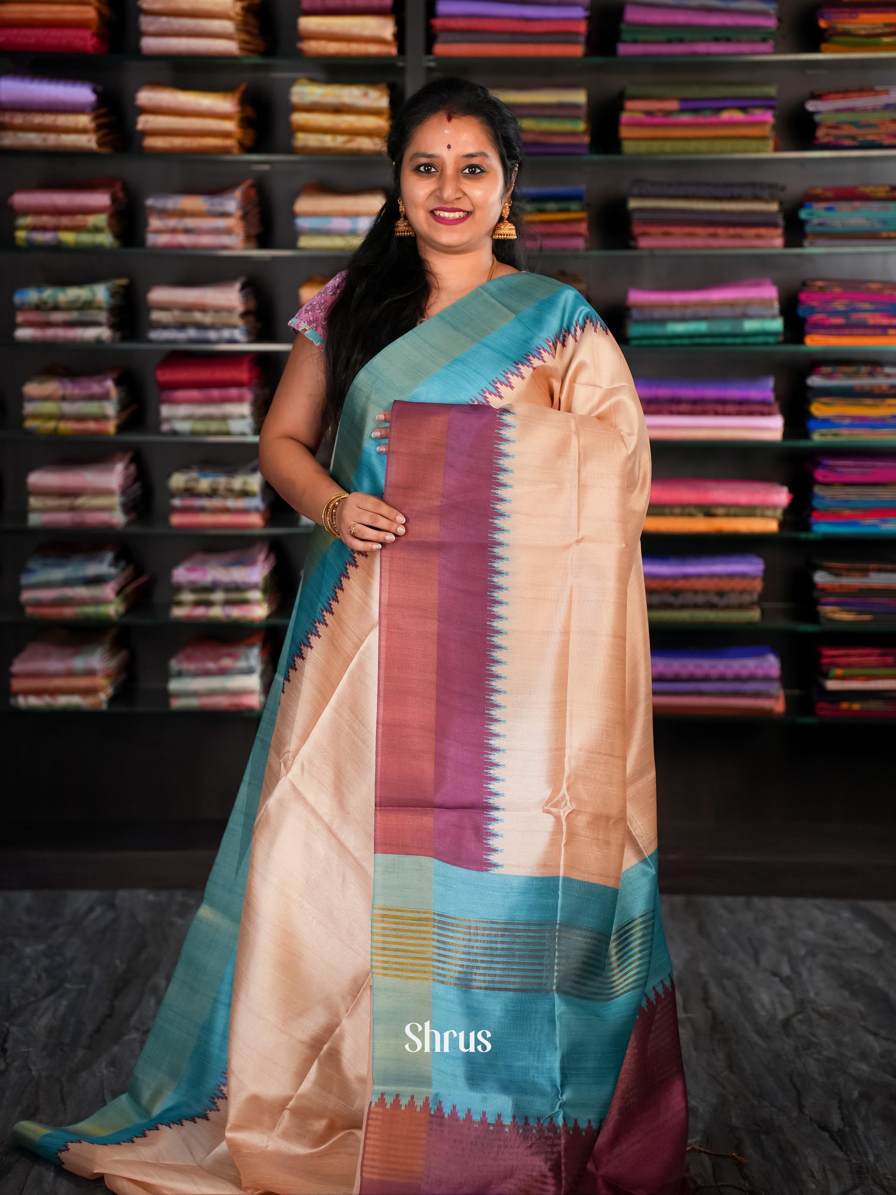Beige & Wine- Champa Semi tussar Saree - Shop on Shrus.com