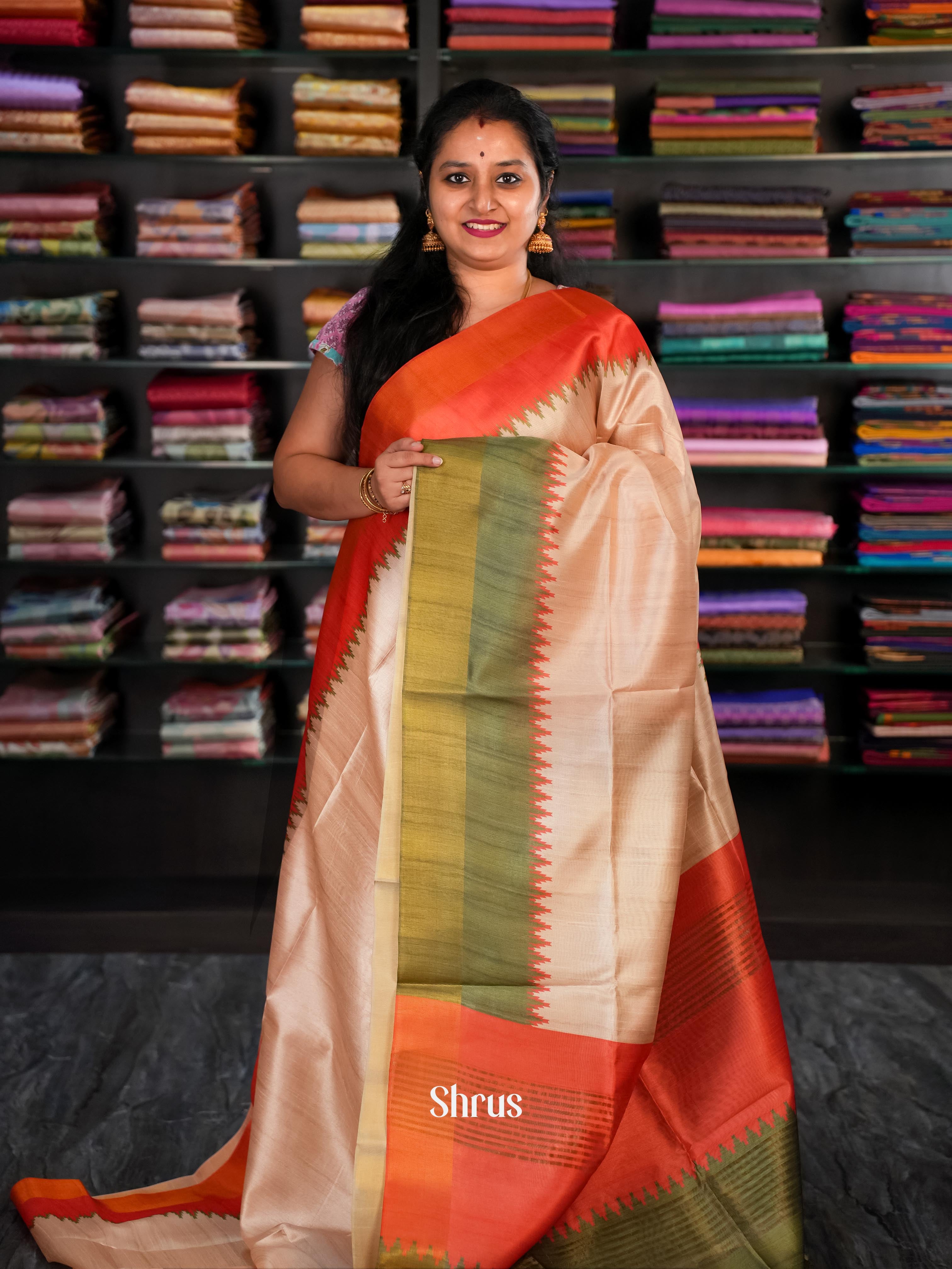 Beige & Green - Champa Semi tussar Saree - Shop on Shrus.com