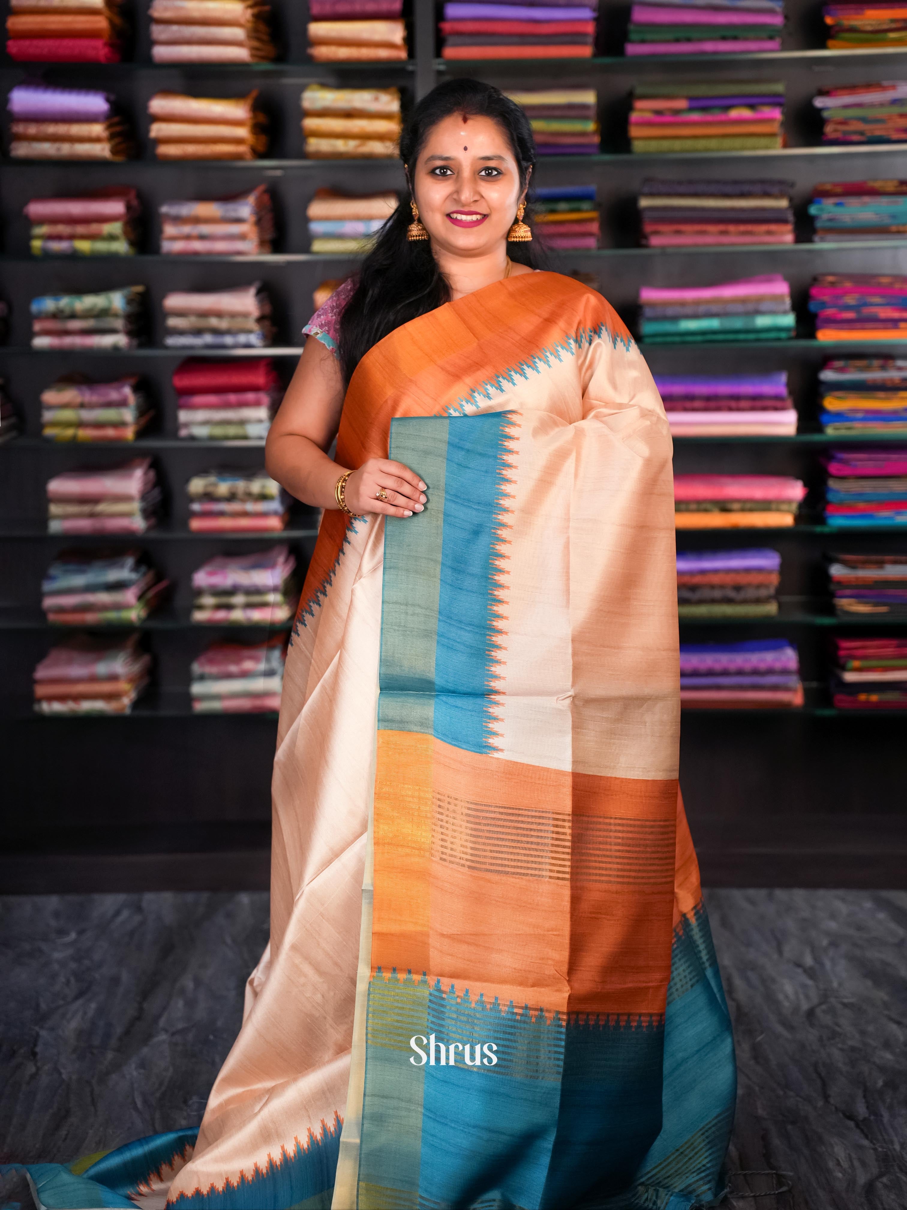 Creamy Brown & Teal - Champa semi tussar - Shop on Shrus.com