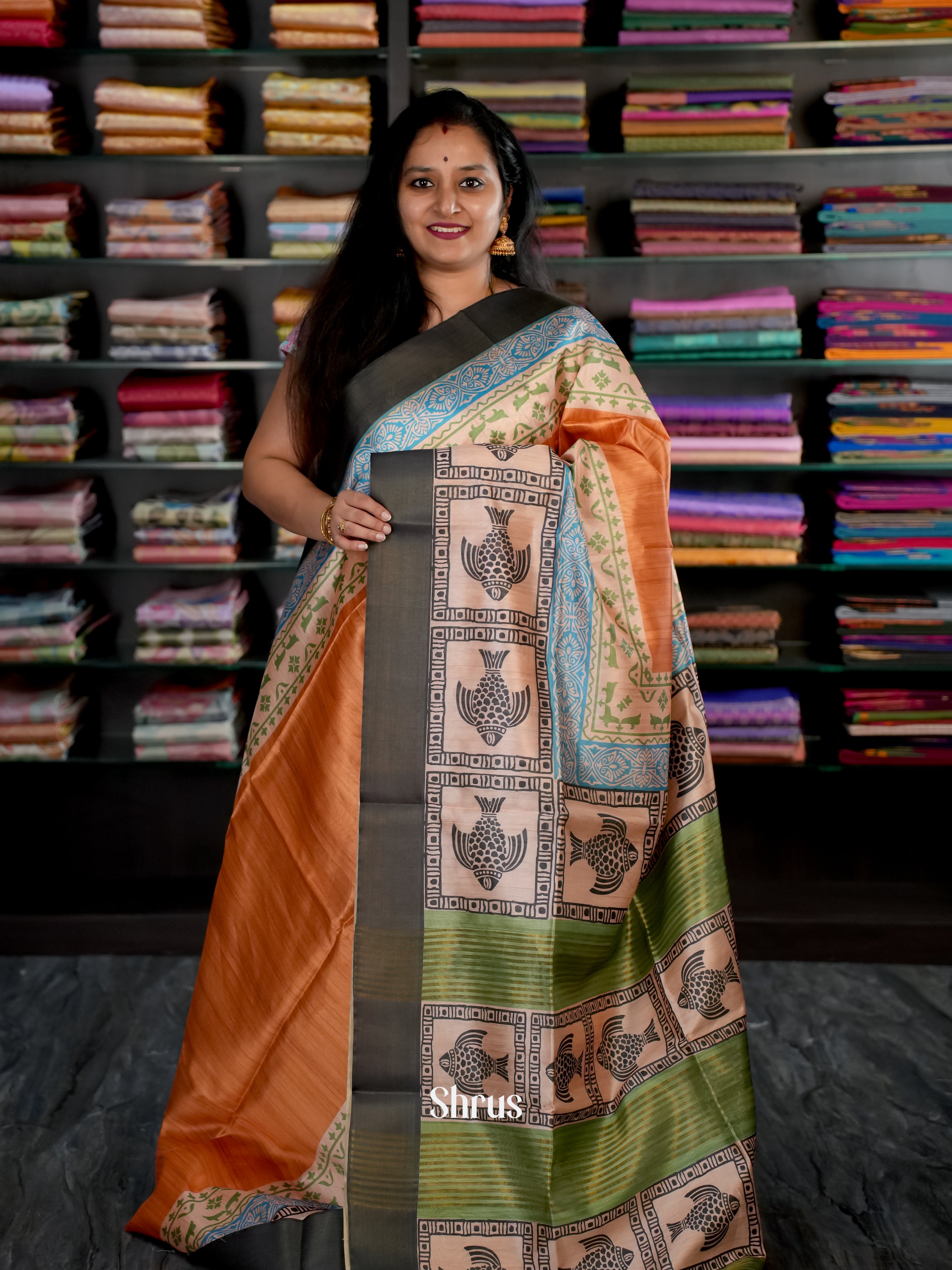 Brick & Green- Champa semi tussar - Shop on Shrus.com