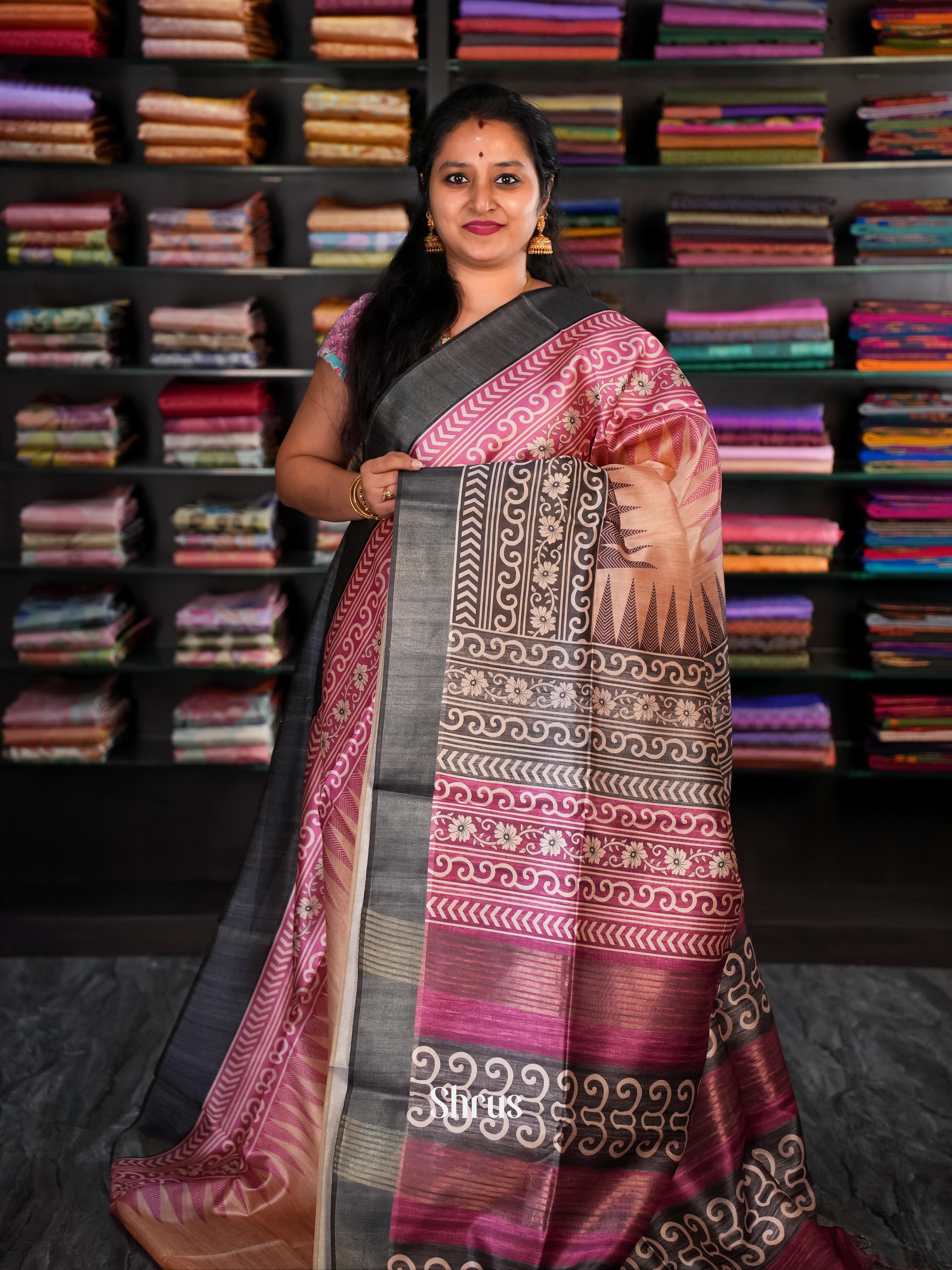 Light Brown & Black - Champa Semi tussar Saree - Shop on Shrus.com
