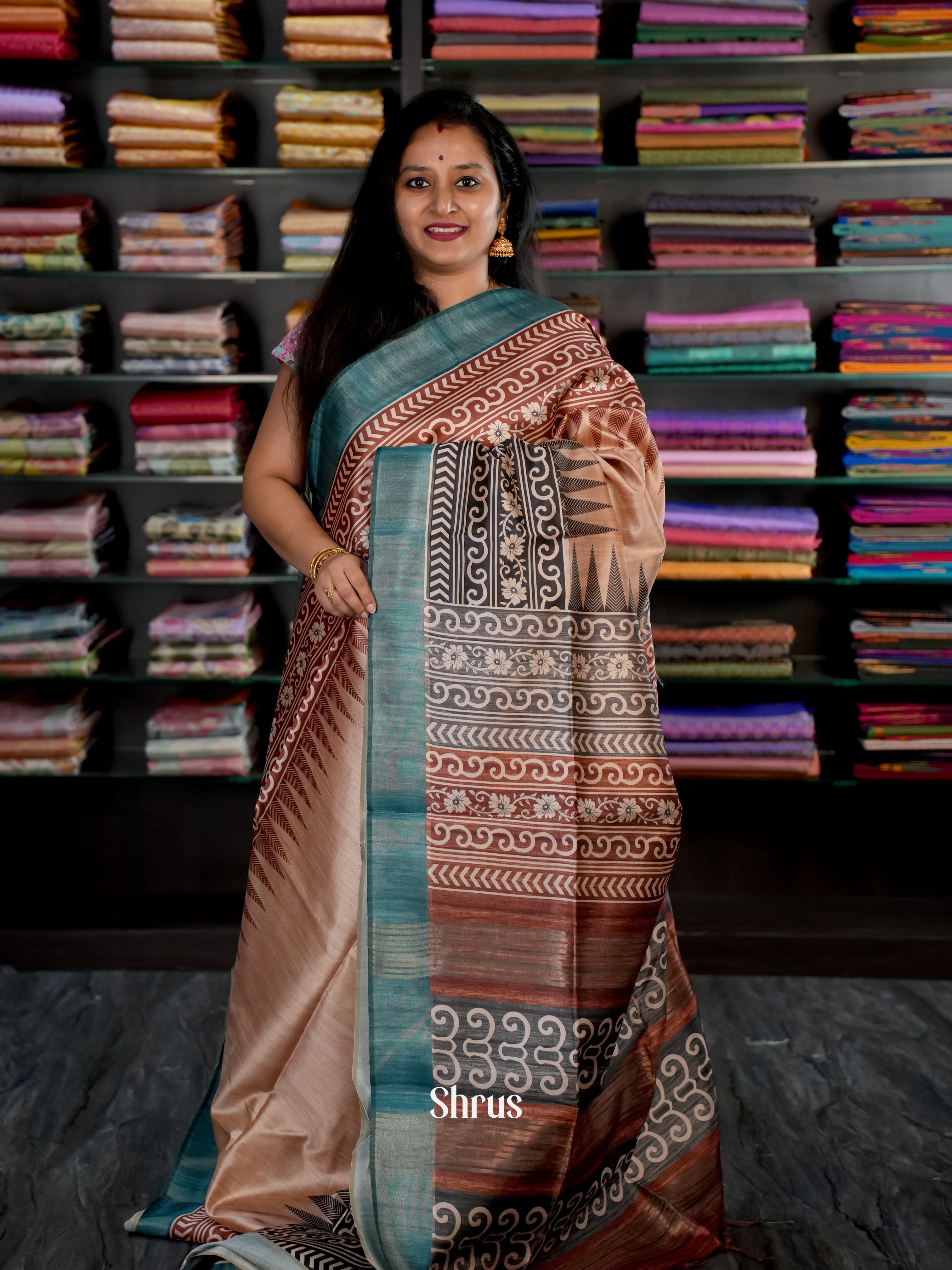 Creamy Brown & Teal - Champa semi tussar - Shop on Shrus.com