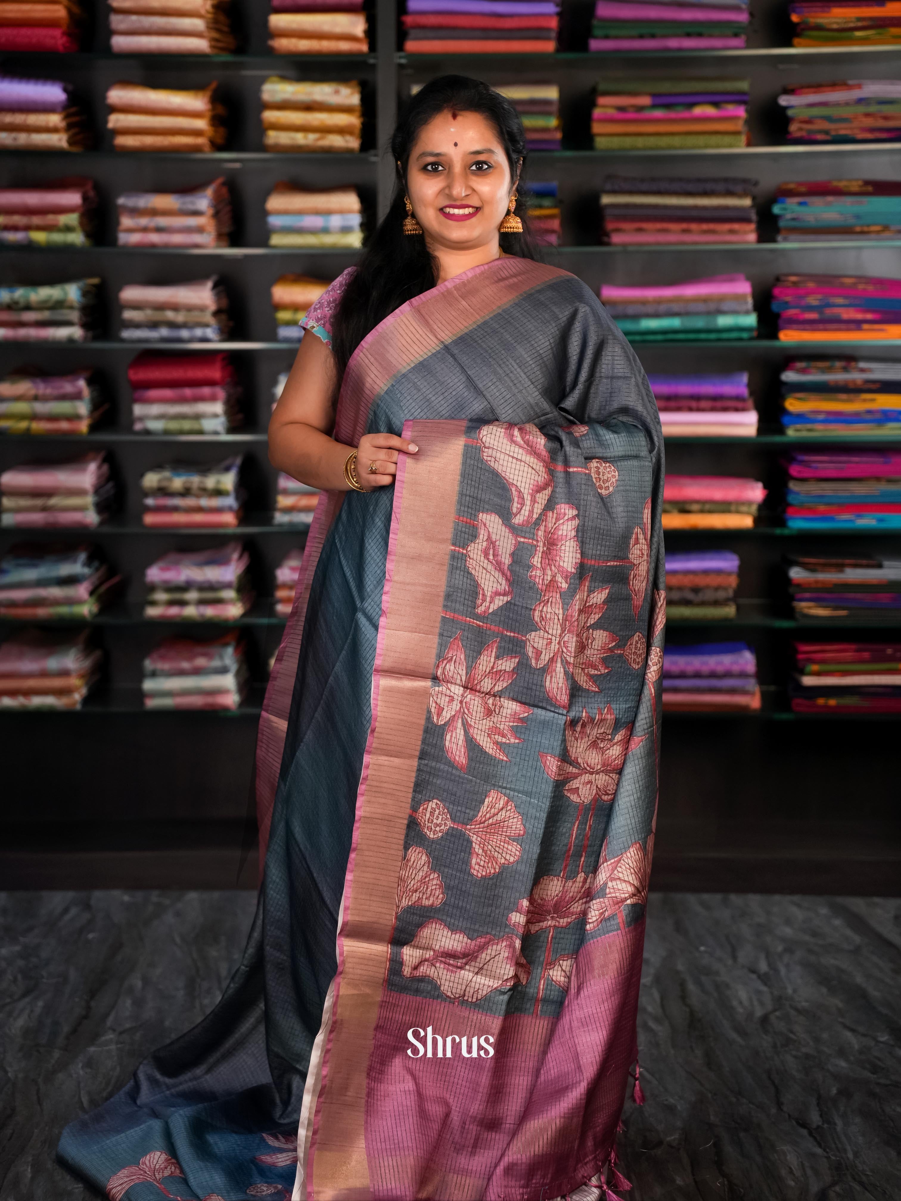 Grey & Purple - Champa Semi tussar Saree - Shop on Shrus.com