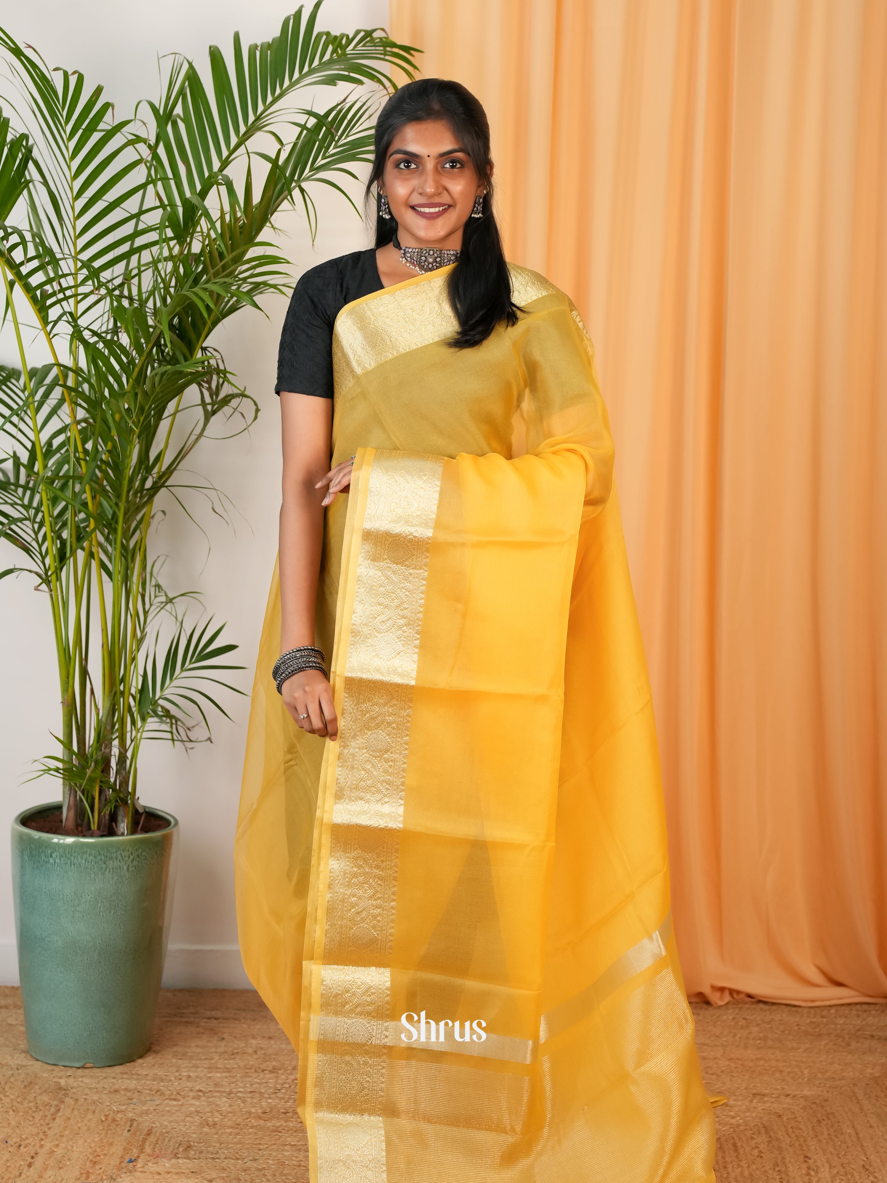 Yellow - Semi Georgette Saree - Shop on Shrus.com