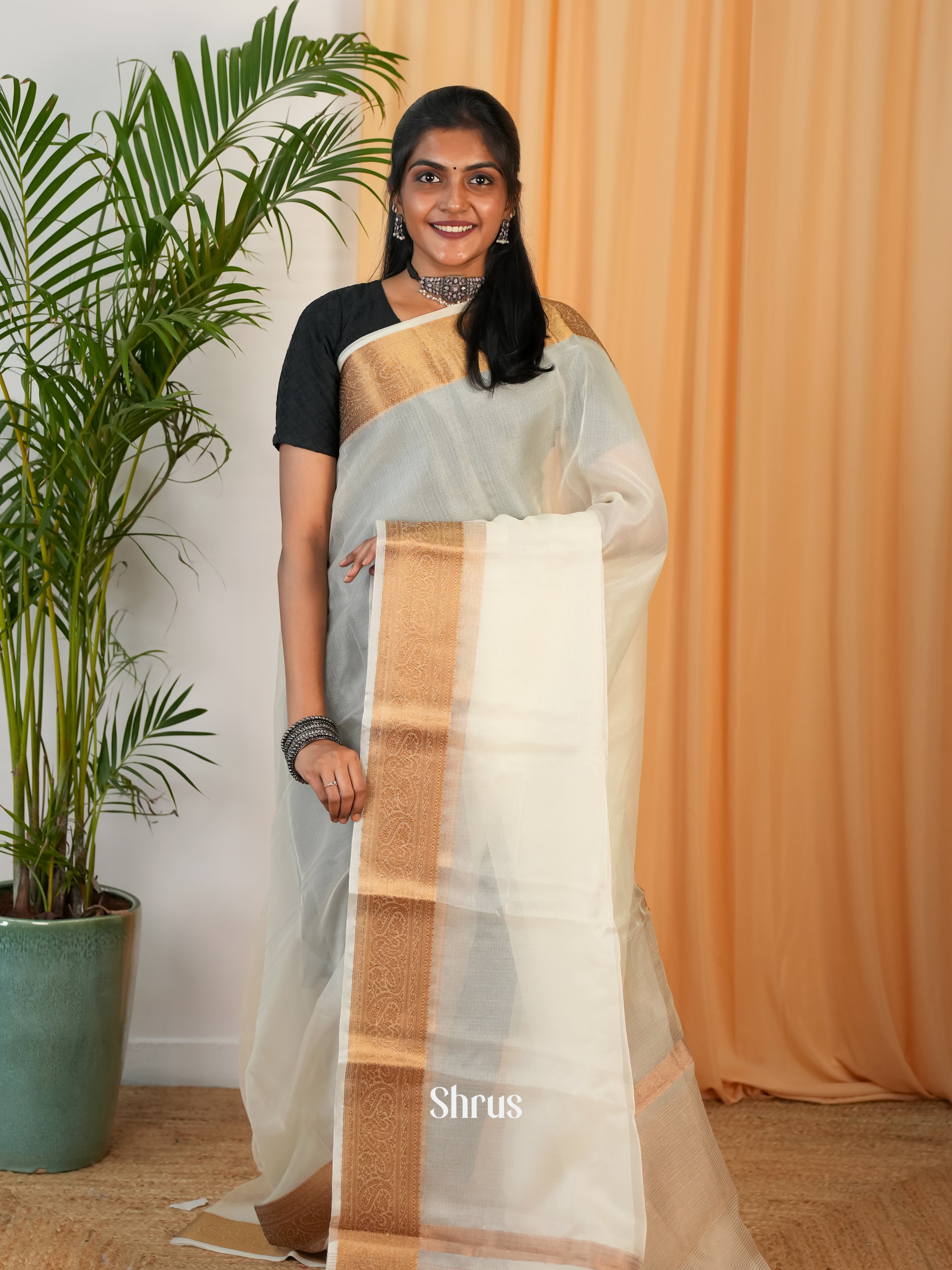 Cream - Semi Georgette Saree - Shop on Shrus.com