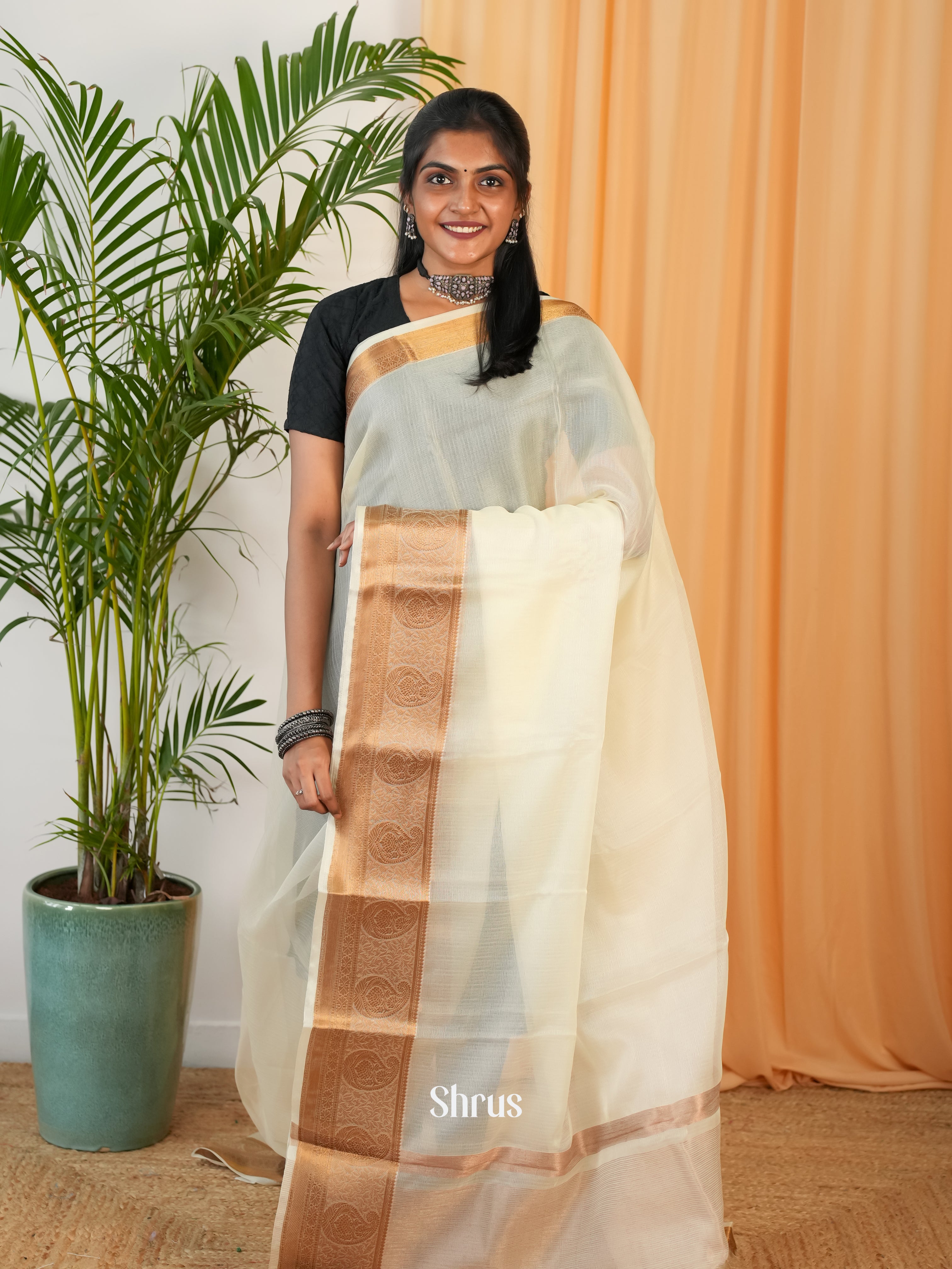 Cream - Semi Georgette Saree - Shop on Shrus.com