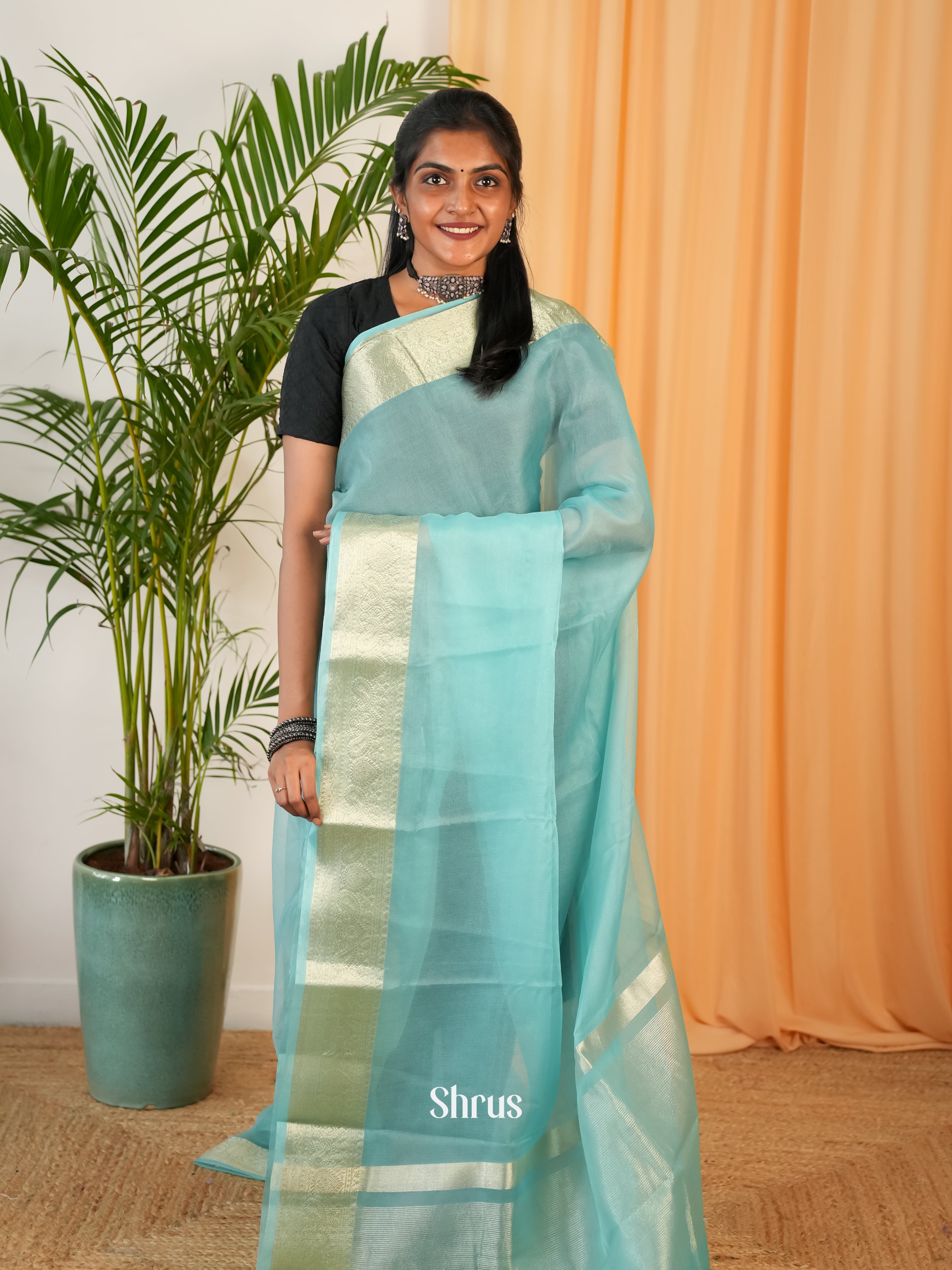 Teal Blue - Semi Georgette Saree - Shop on Shrus.com