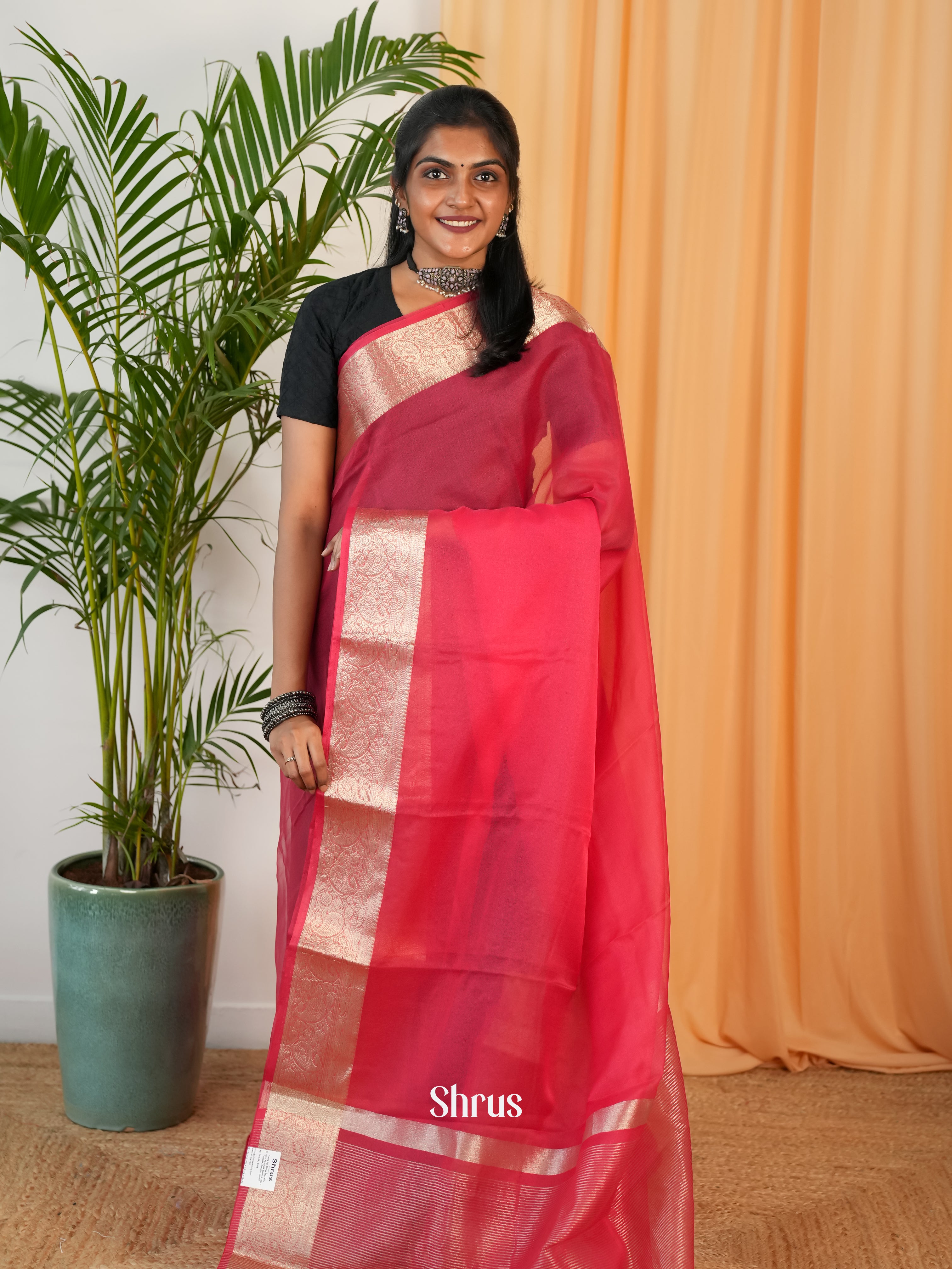 Reddish Pink - Semi Georgette Saree - Shop on Shrus.com