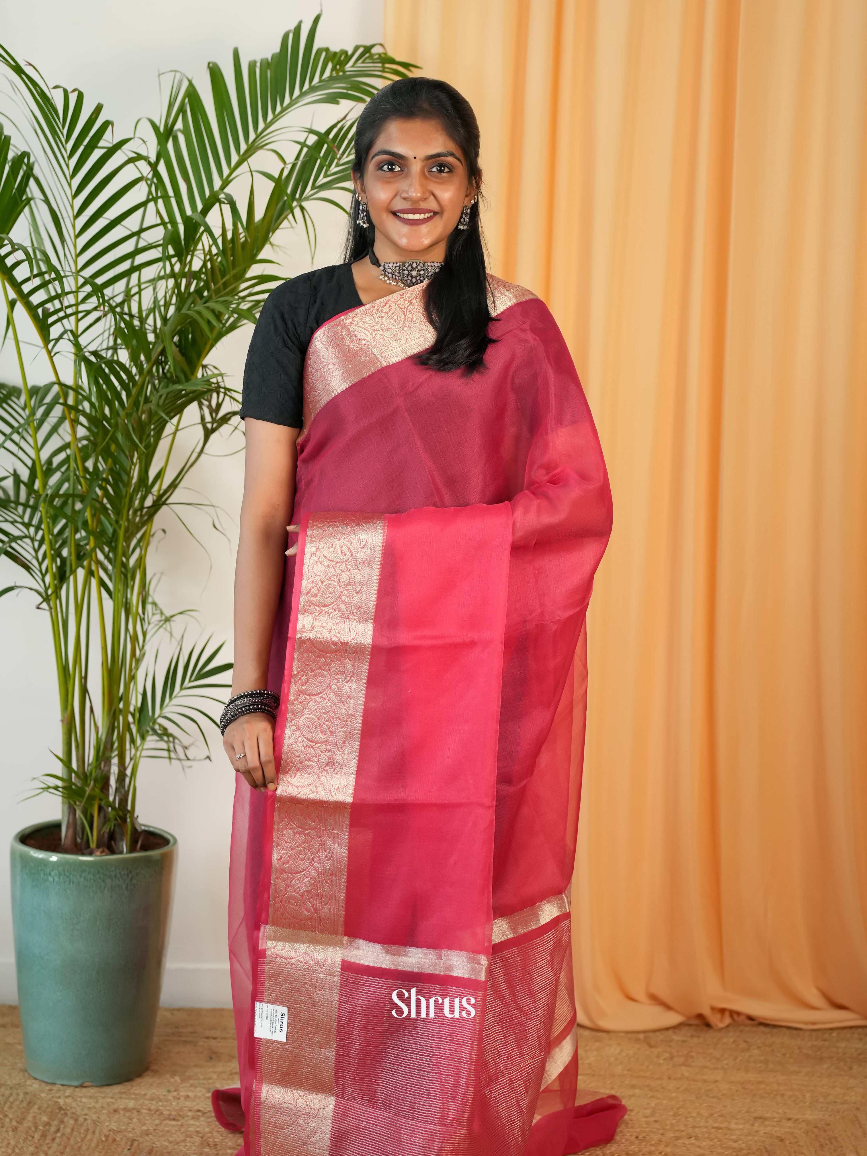 Reddish Pink - Semi Georgette Saree - Shop on Shrus.com
