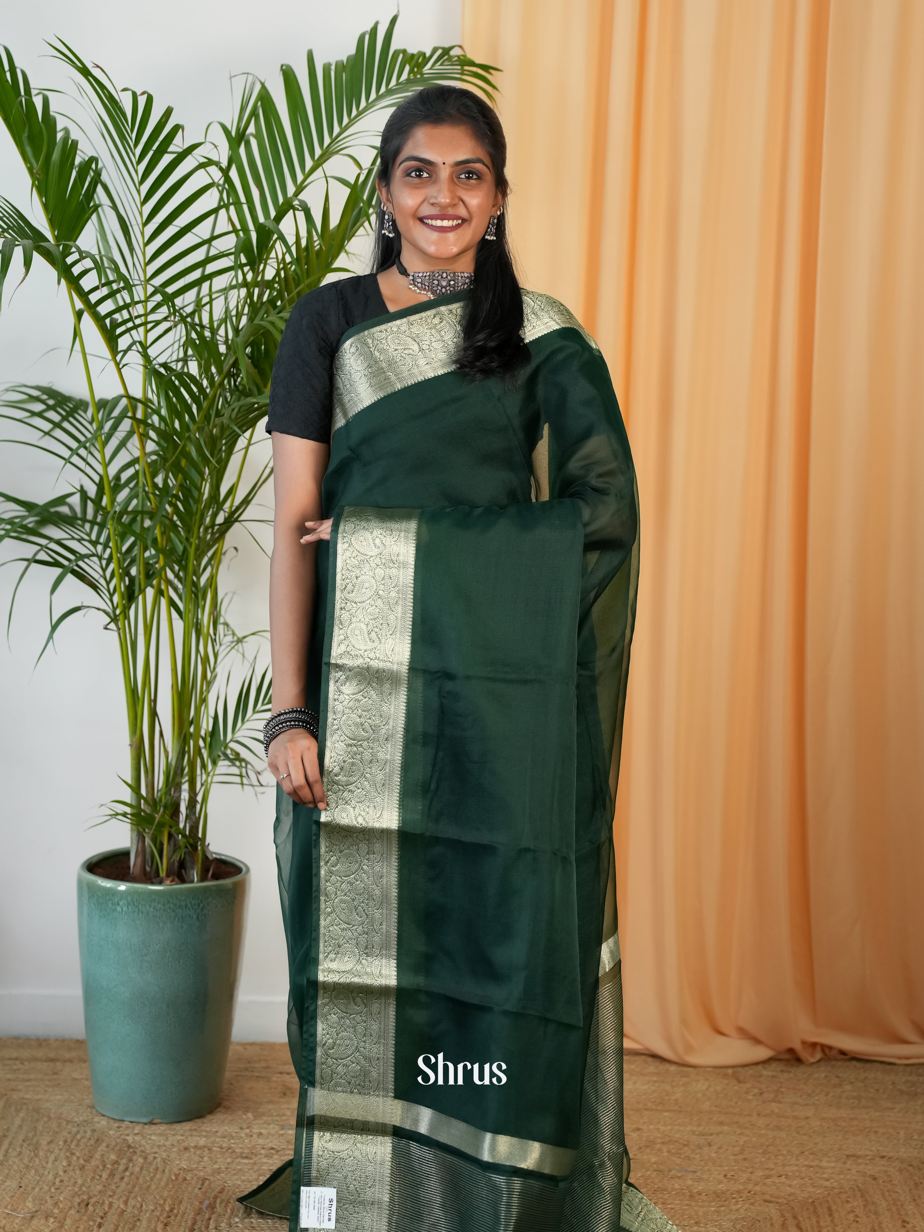 Bottle Green - Semi Georgette Saree - Shop on Shrus.com