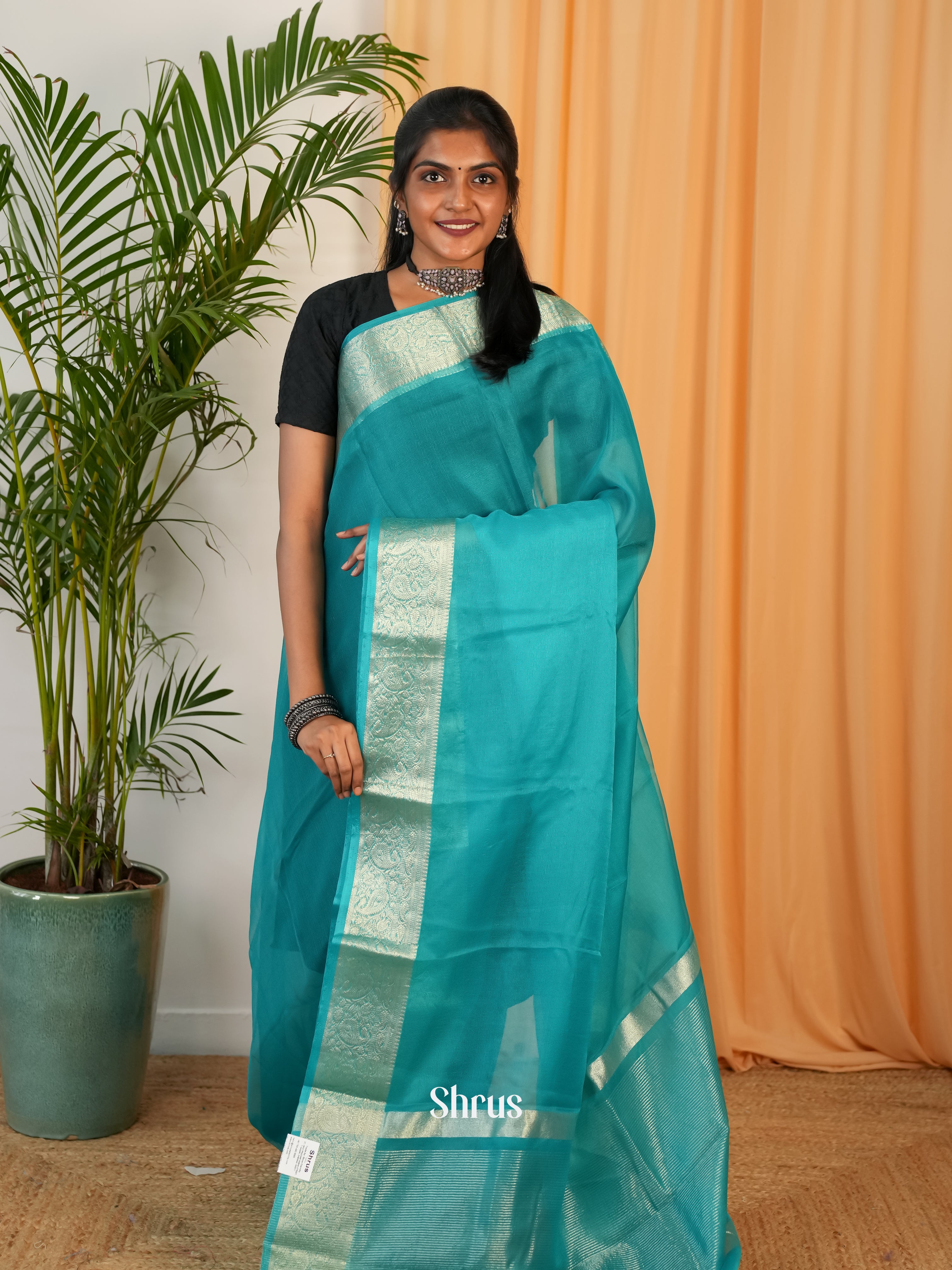 Teal Blue - Semi Georgette Saree - Shop on Shrus.com
