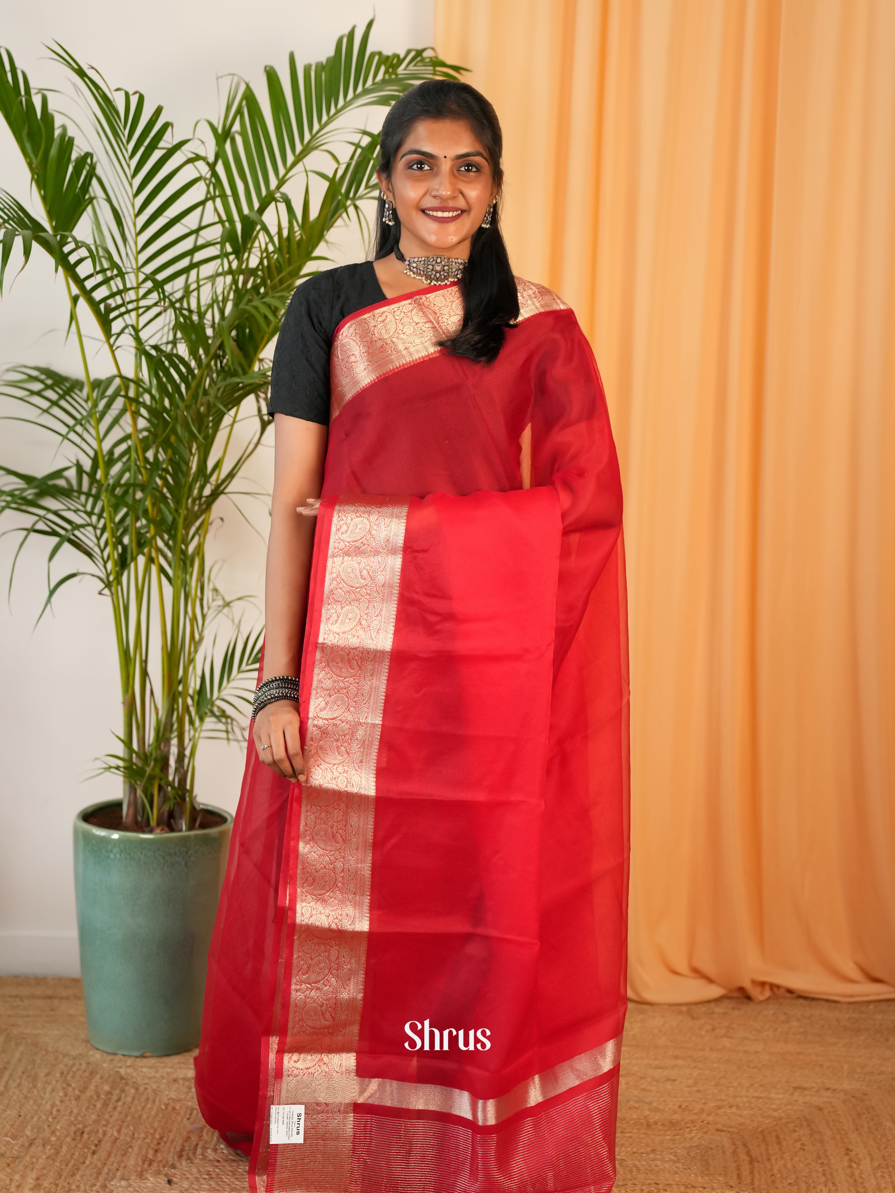 Red - Semi Georgette Saree - Shop on Shrus.com