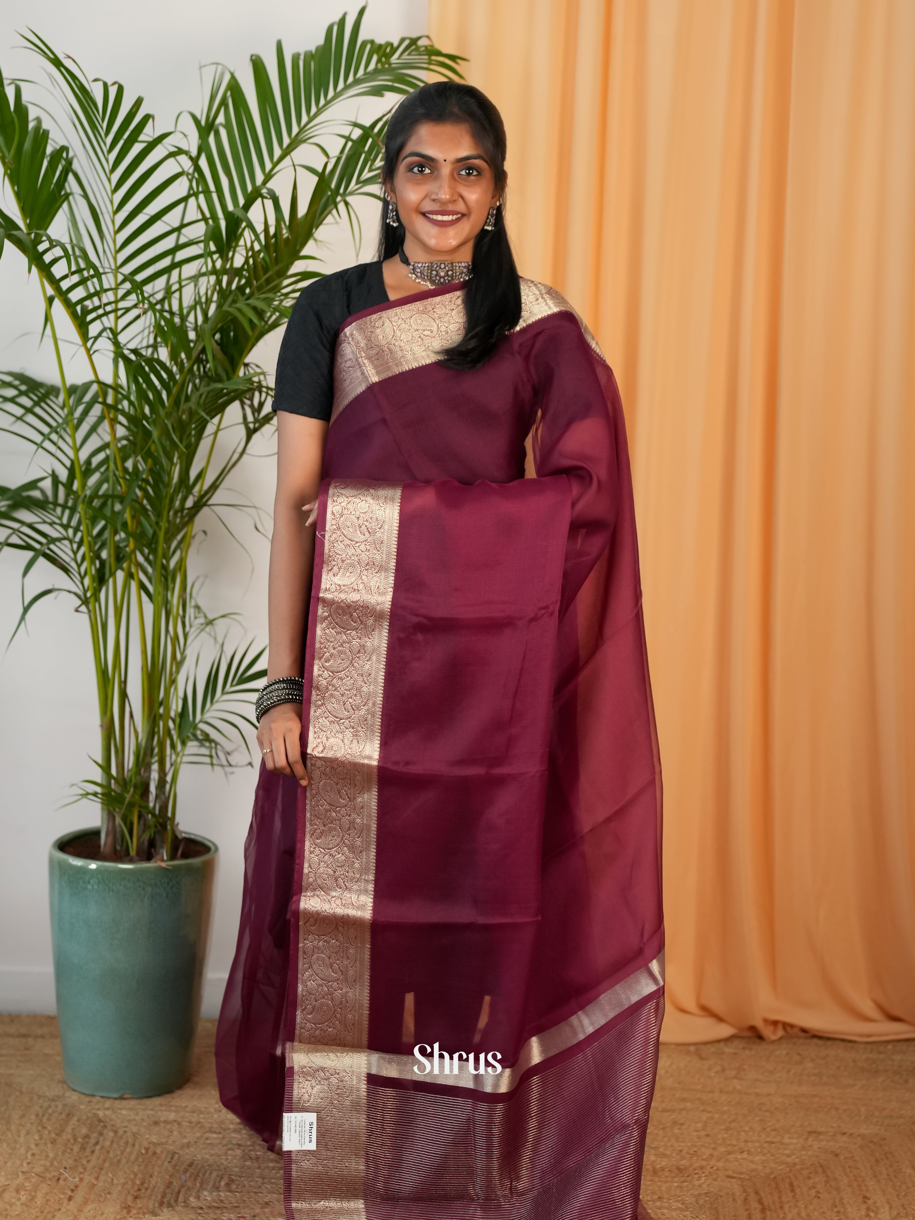 Wine - Semi Georgette Saree - Shop on Shrus.com