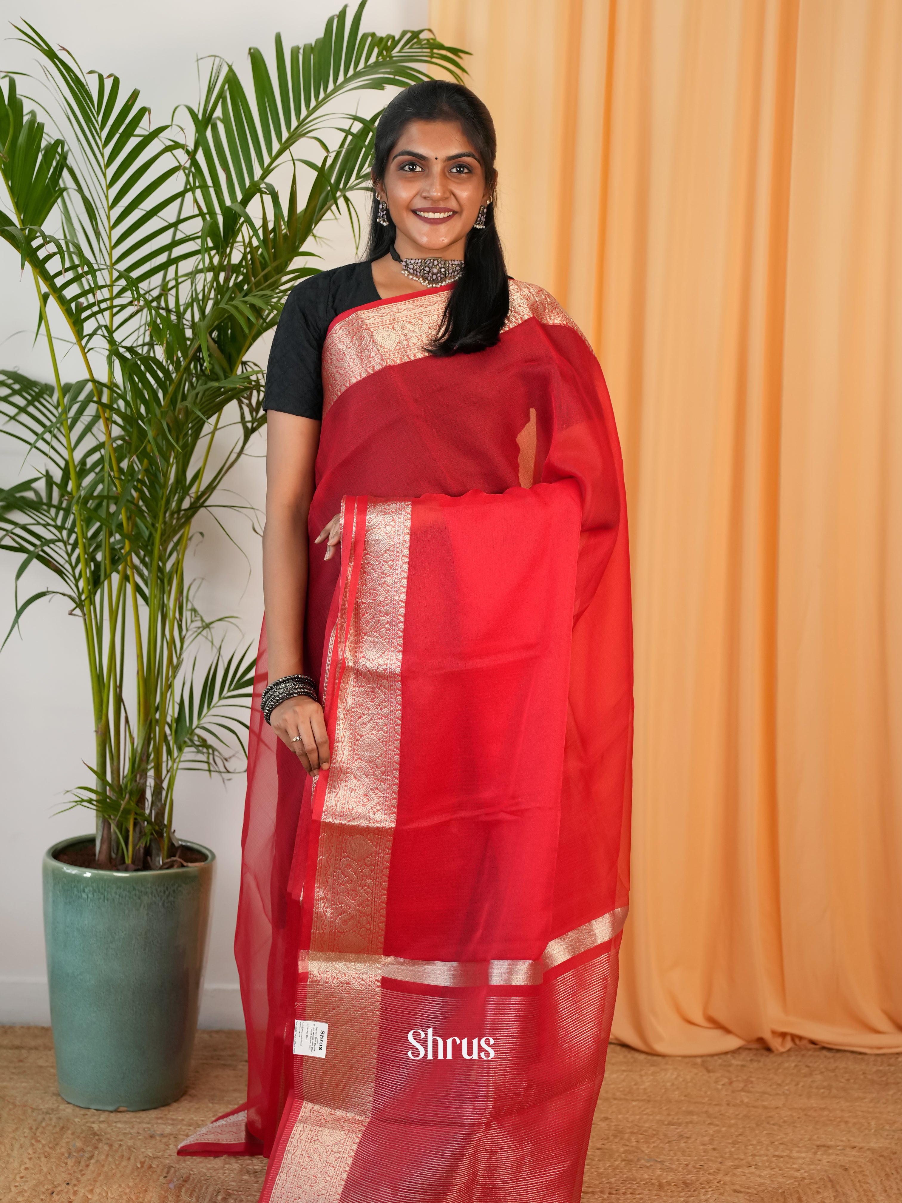 Red - Semi Georgette Saree - Shop on Shrus.com
