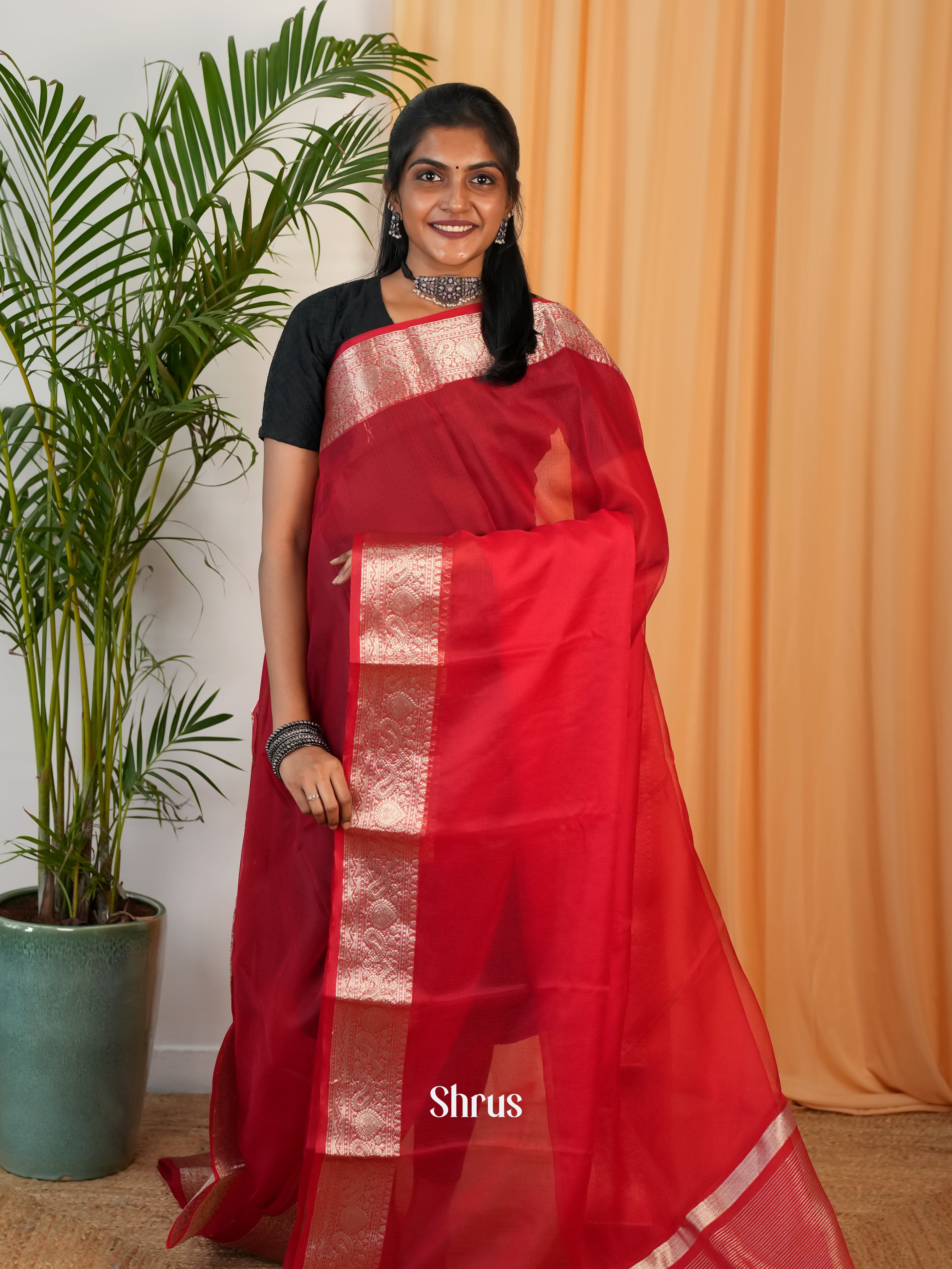 Red - Semi Georgette Saree - Shop on Shrus.com