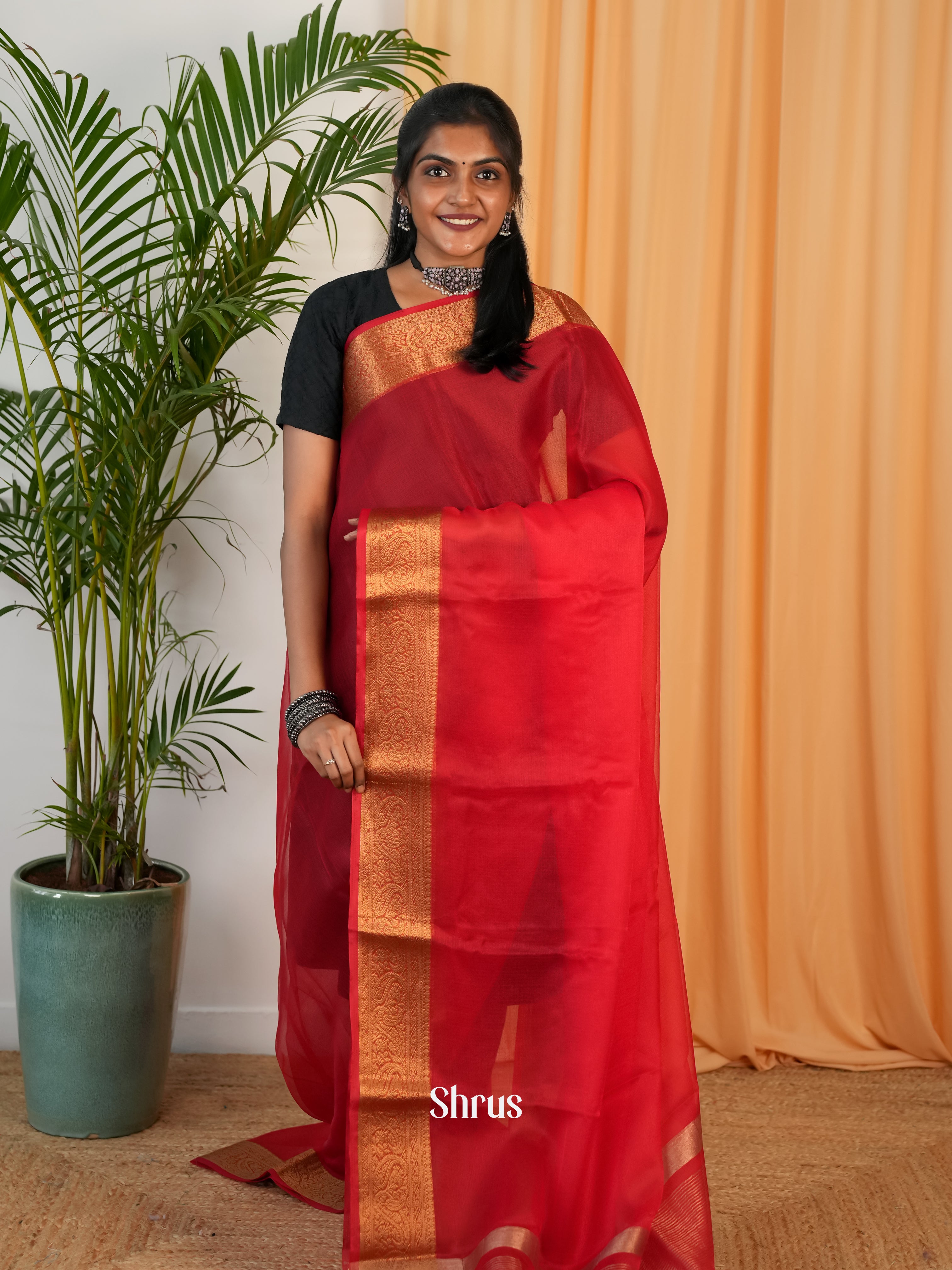 Red- Semi Georgette Saree - Shop on Shrus.com