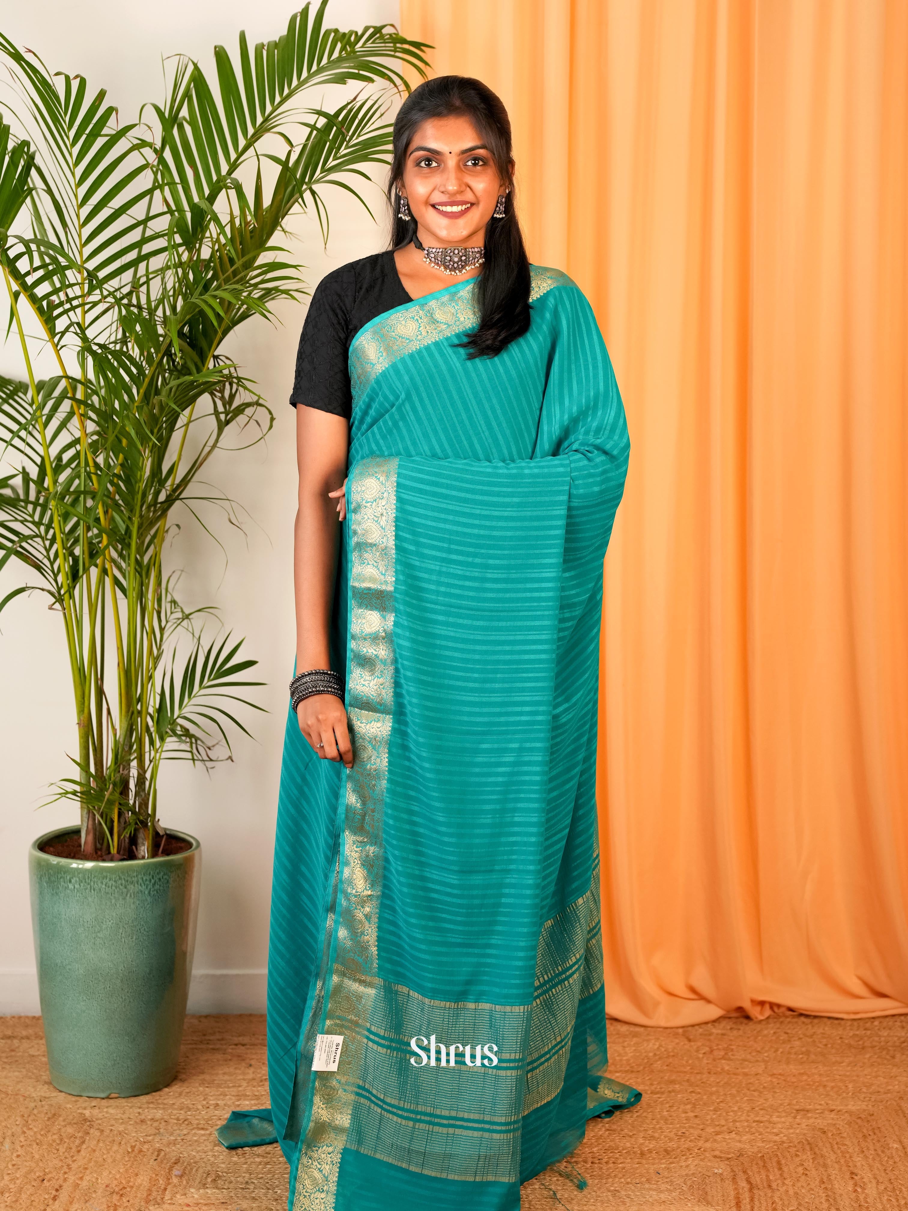 Teal - Semi Mysoresilk Saree - Shop on Shrus.com