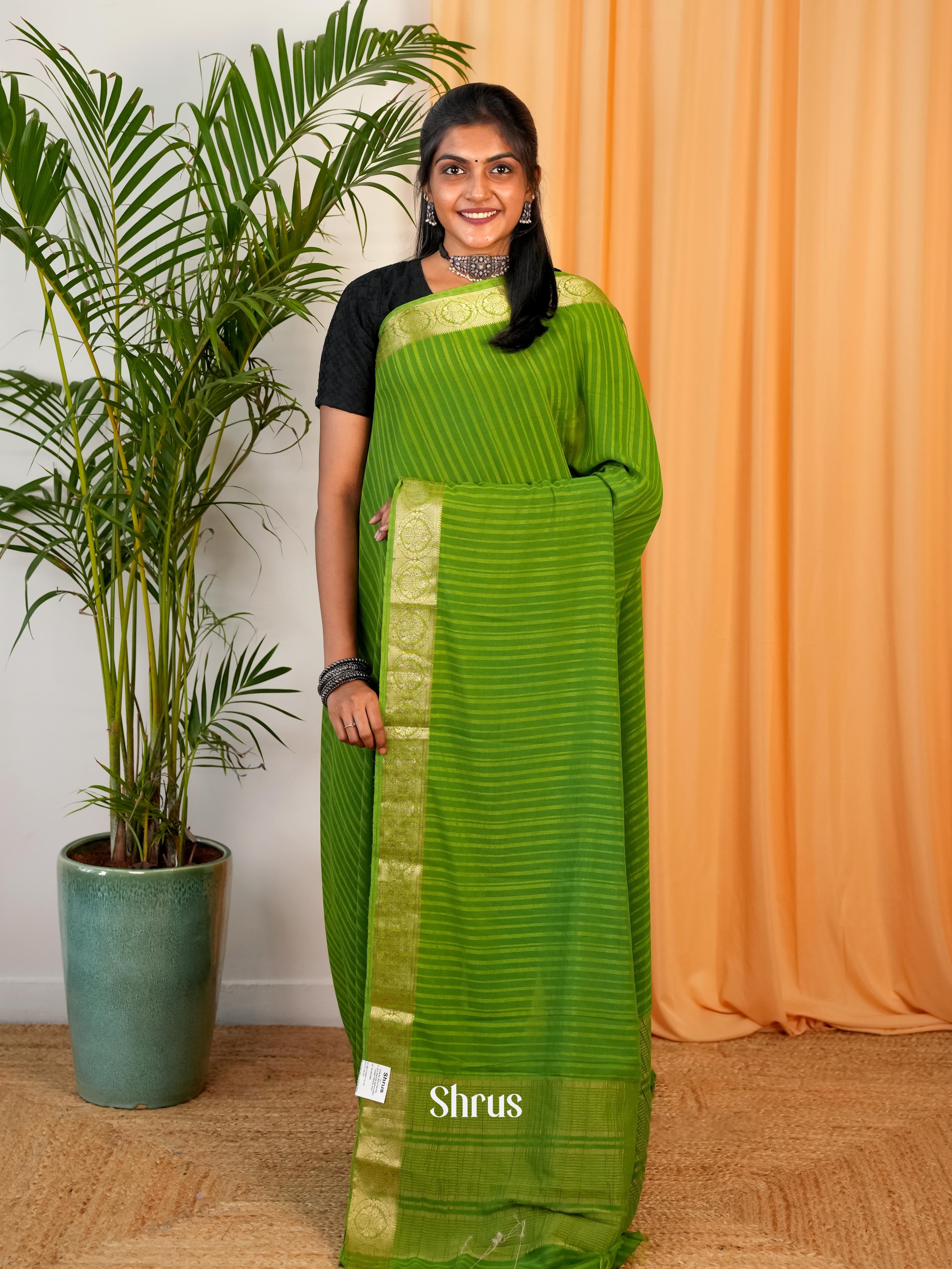 Leaf Green - Semi Mysoresilk Saree - Shop on Shrus.com