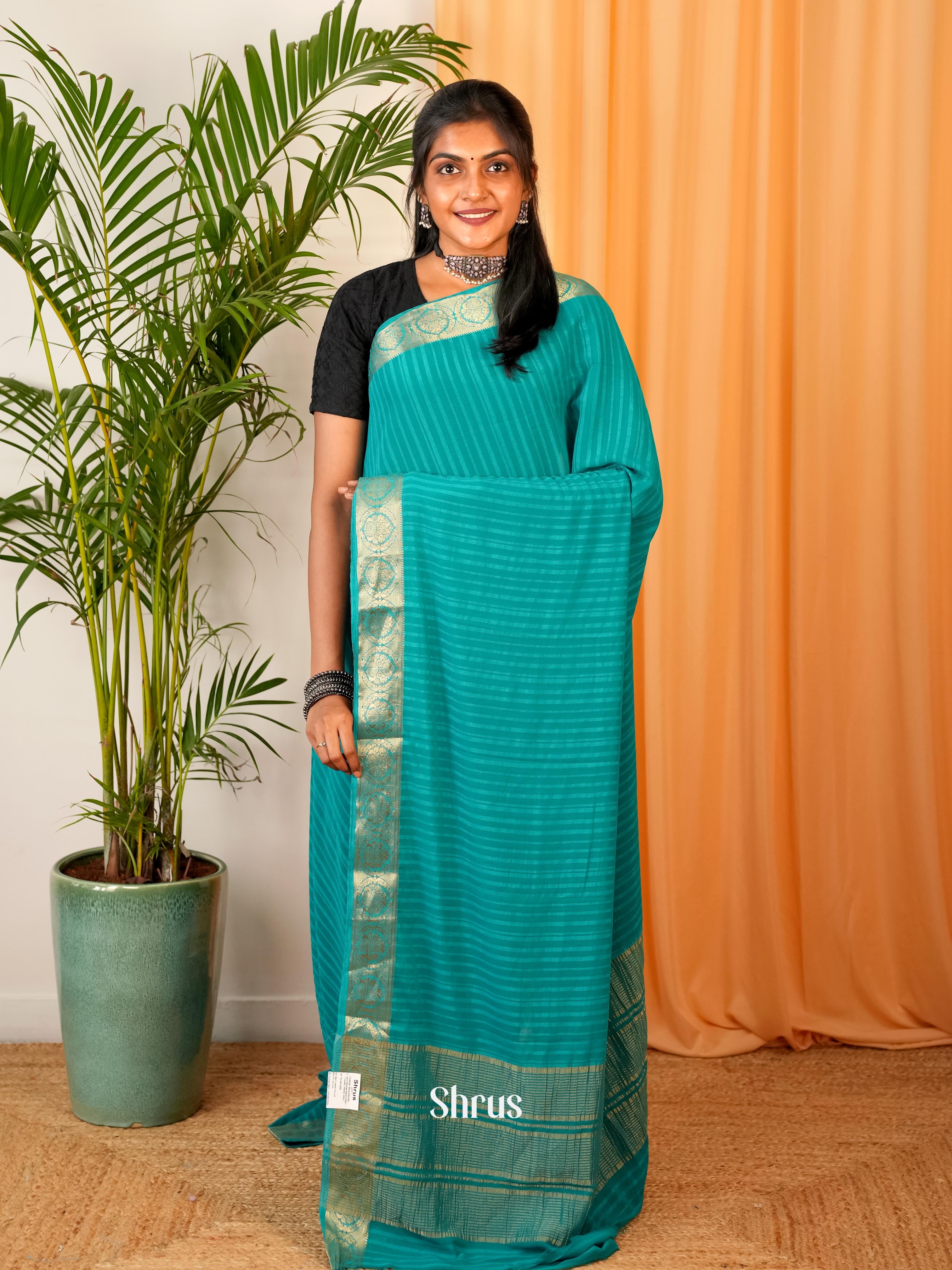Teal - Semi Mysoresilk Saree - Shop on Shrus.com
