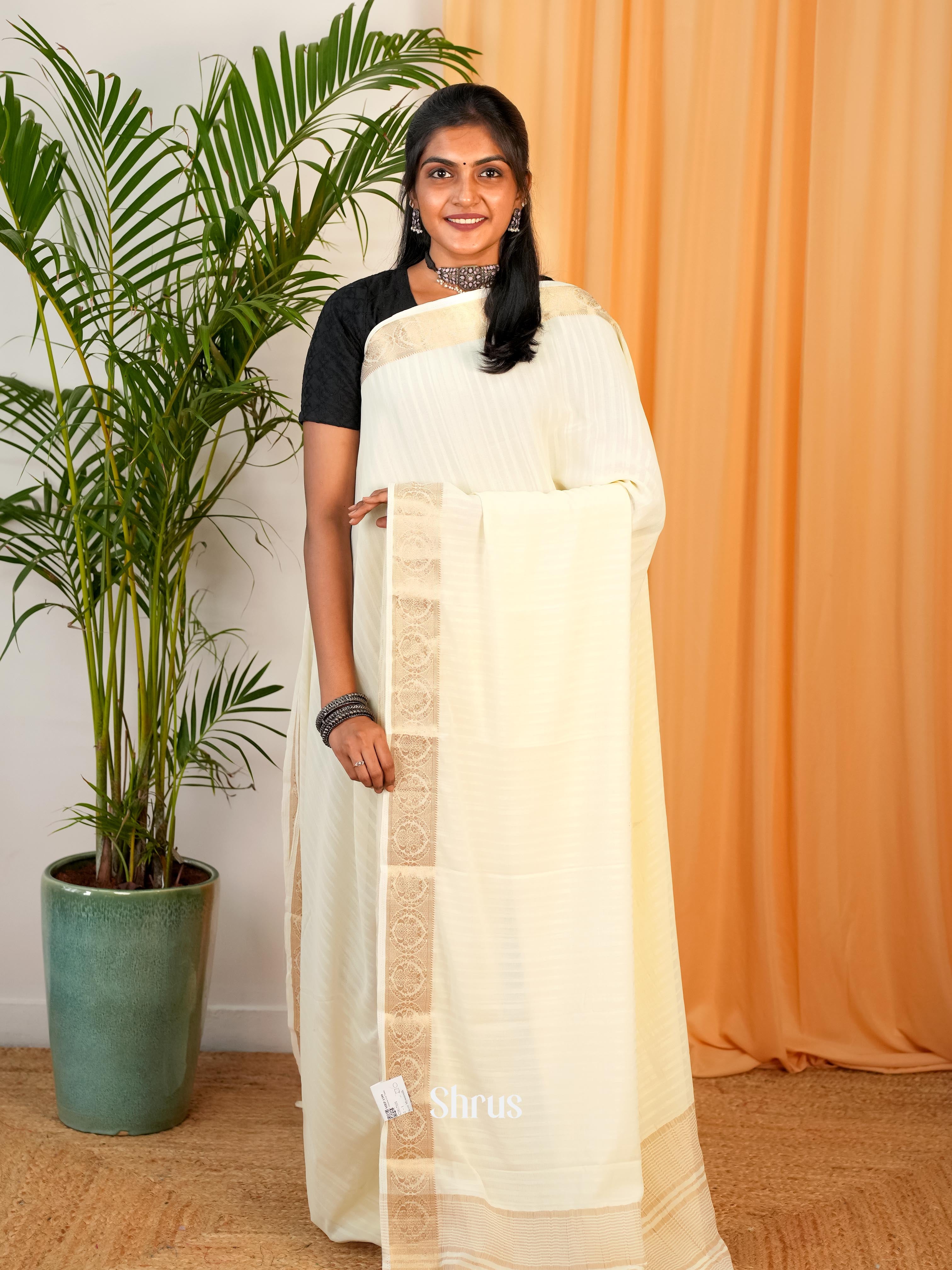Cream - Semi Mysoresilk Saree - Shop on Shrus.com