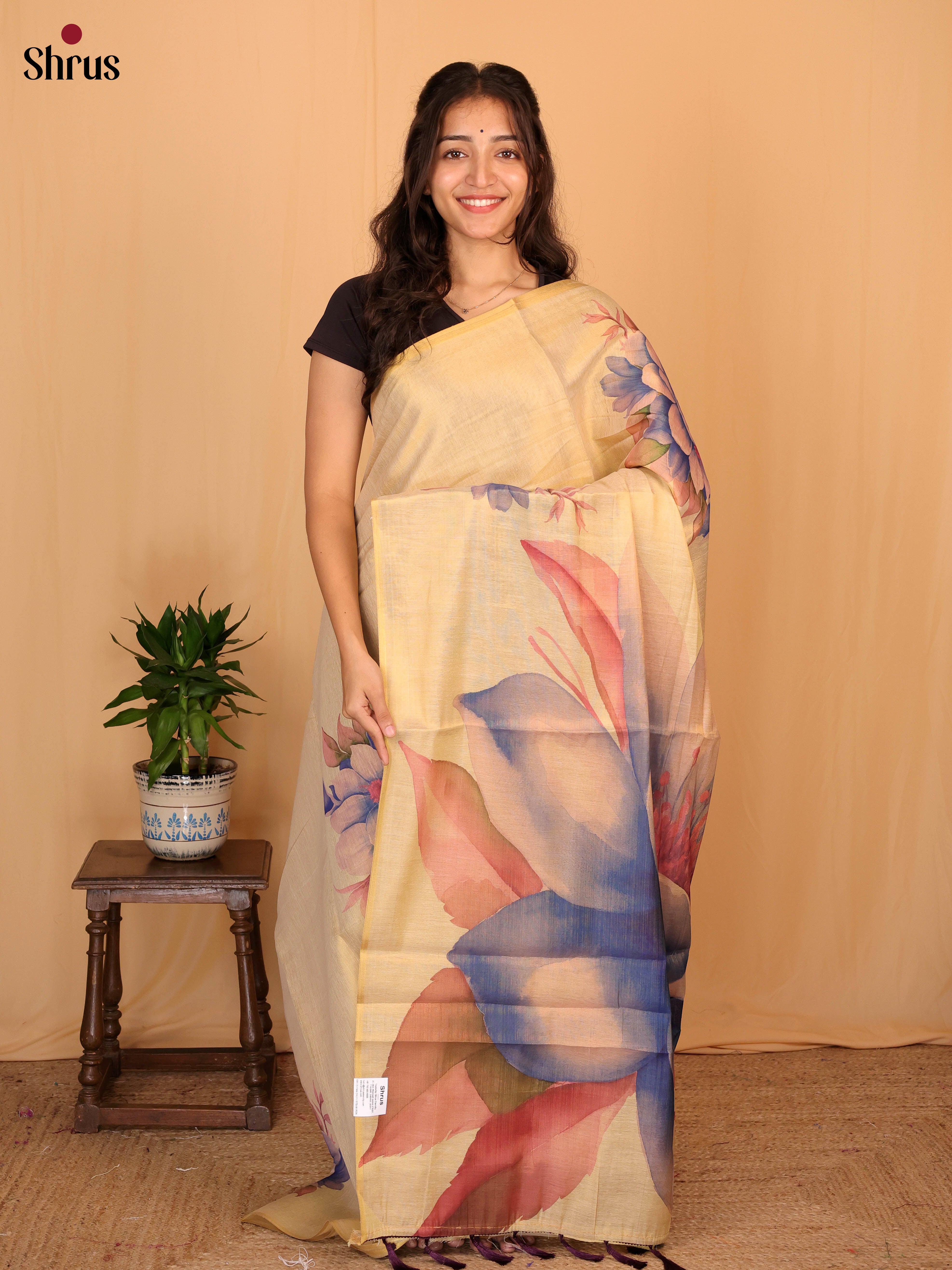 Gold & Blue - Semi Jute Saree - Shop on Shrus.com