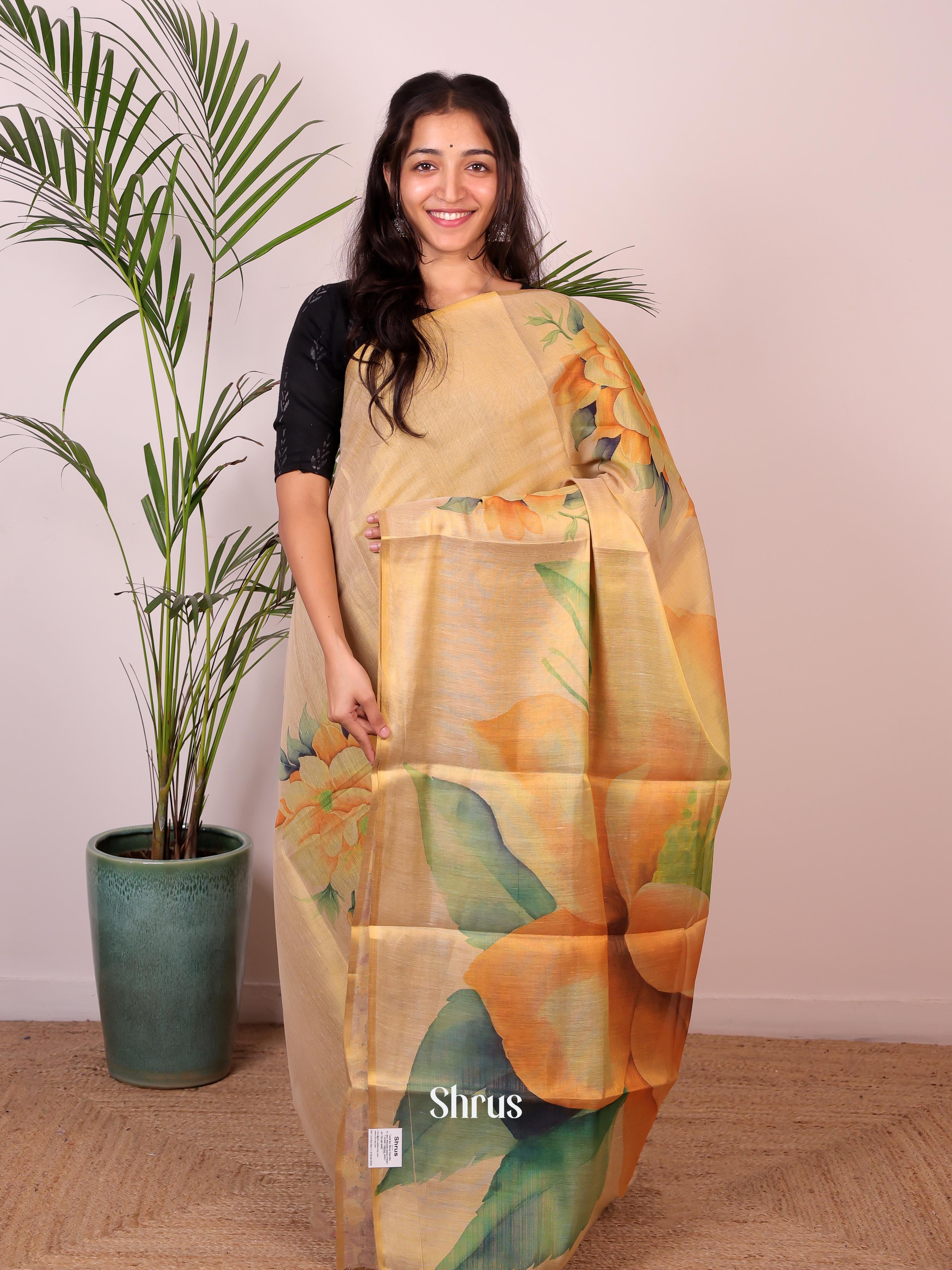Gold & Orange - Semi Jute Saree - Shop on Shrus.com